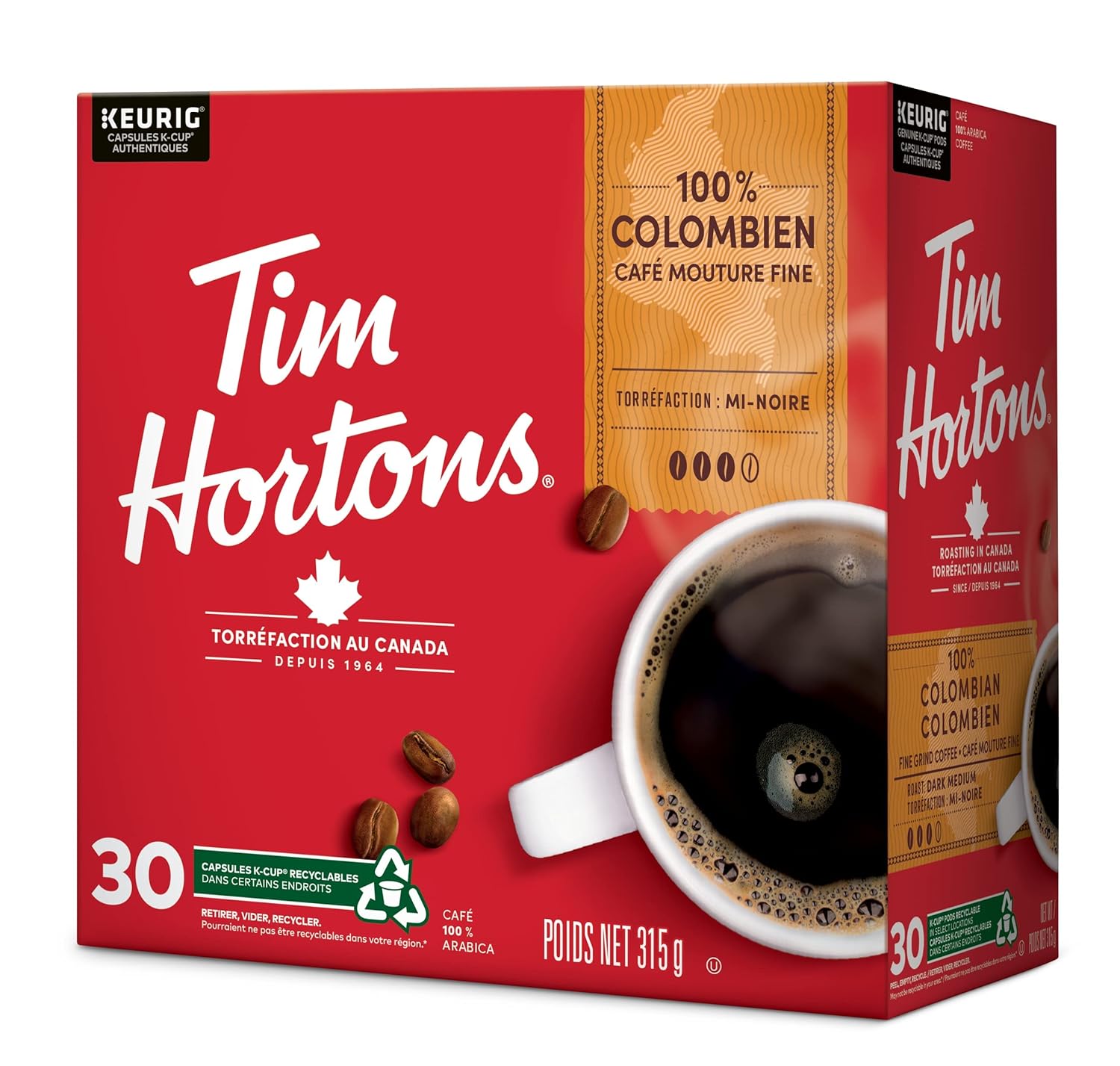 Tim Hortons Café colombiano, cápsulas Keurig K-Cup de una sola porción, tostado medio oscuro, 30 unidades Importado de Canadá