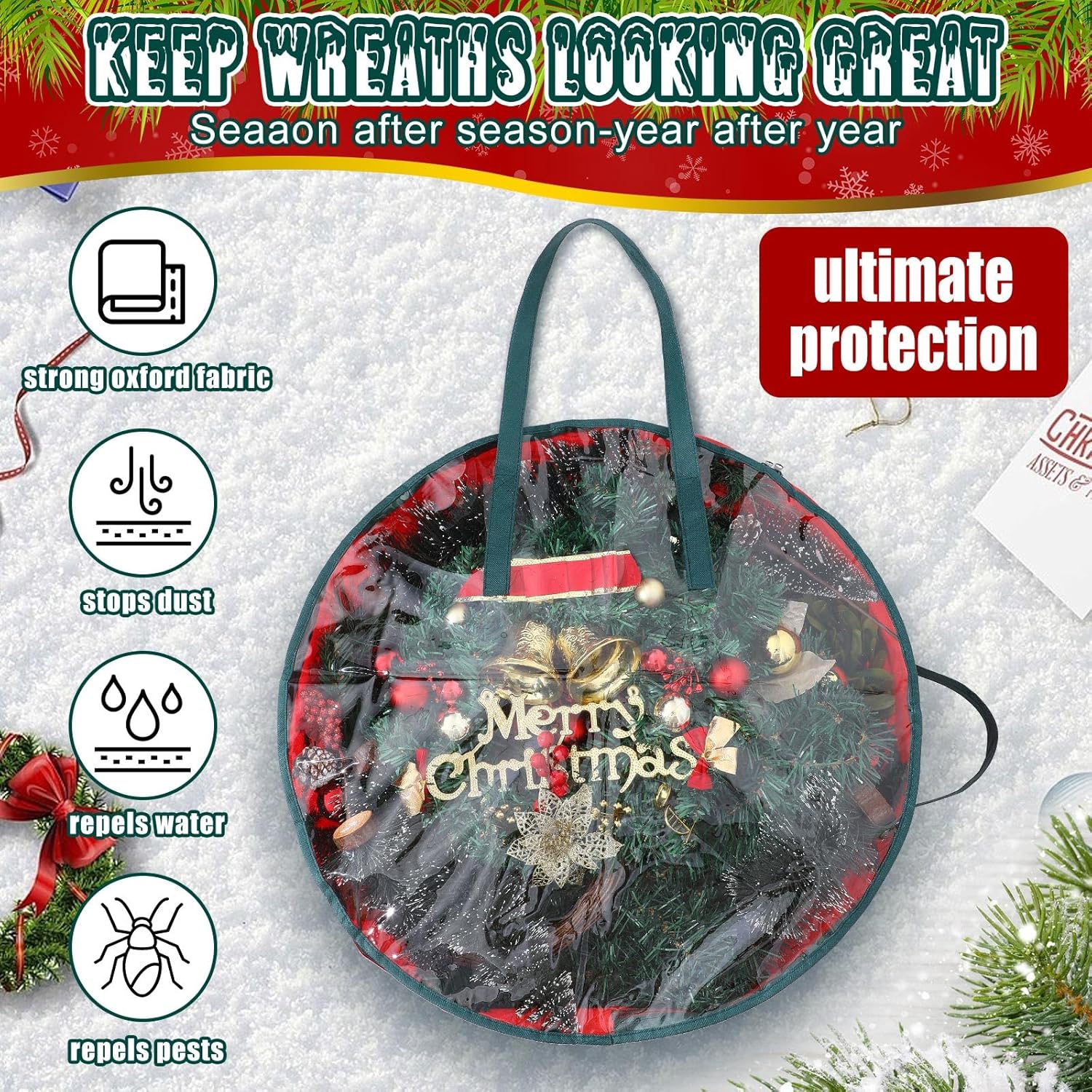 Shappy Bolsa de almacenamiento de corona de Navidad, contenedores de almacenamiento de plástico para coronas, contenedor de coronas, decoración de
