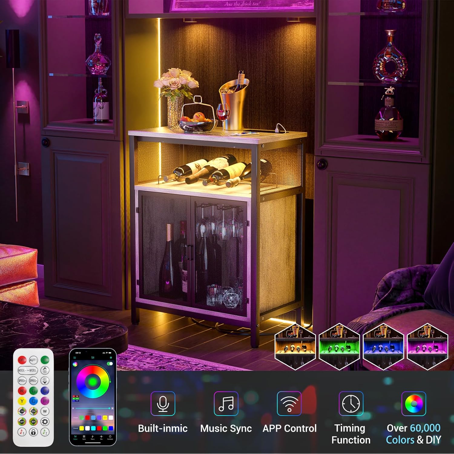 Unikito Armario de bar de vino con luz RGB y tomacorriente, mesa de estante de vino independiente, gabinete de licor con soporte para vidrio,