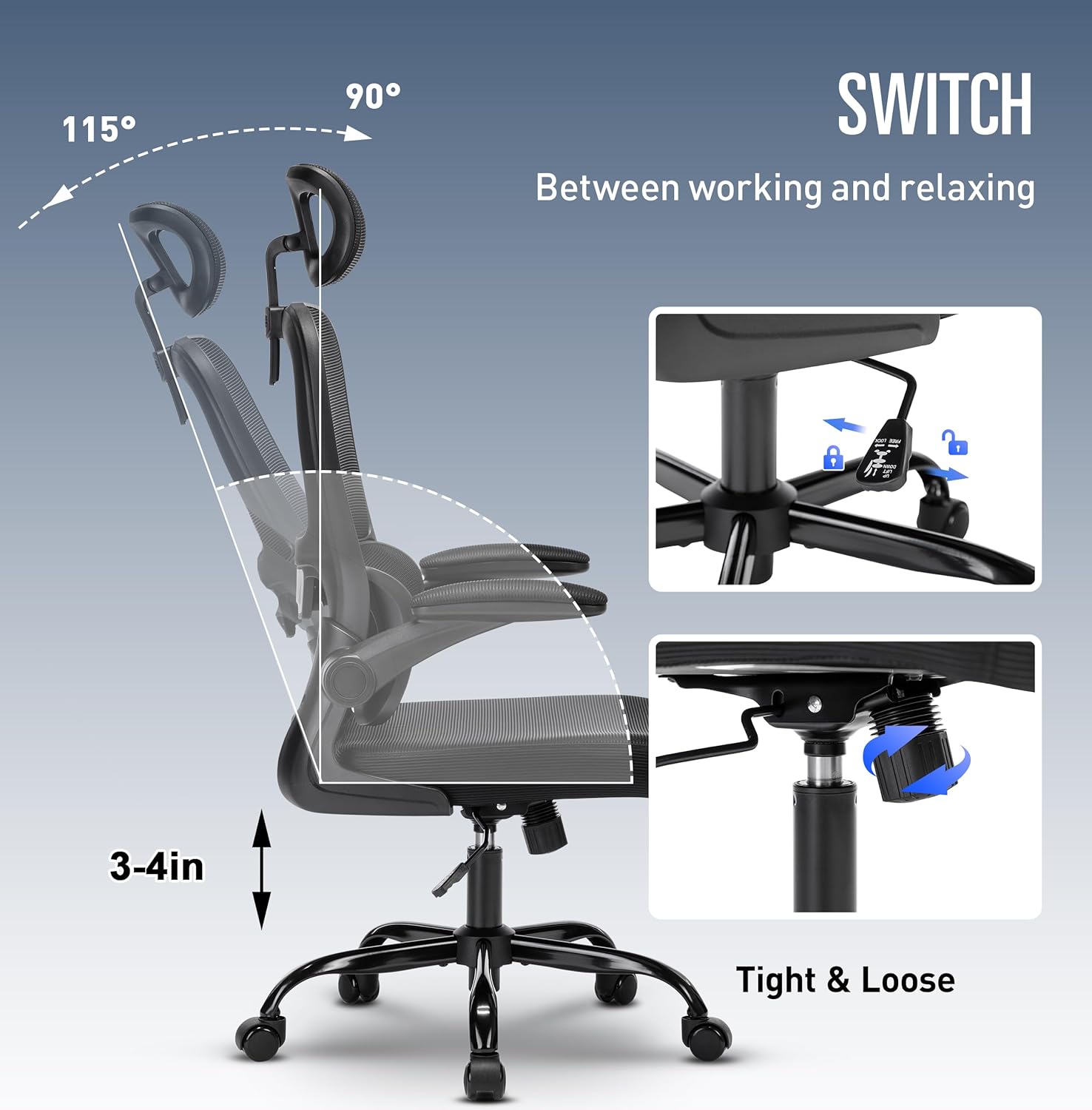 Silla de oficina, silla de oficina ergonómica con reposacabezas, sillas de computadora de malla de respaldo alto para oficina en casa con soporte de