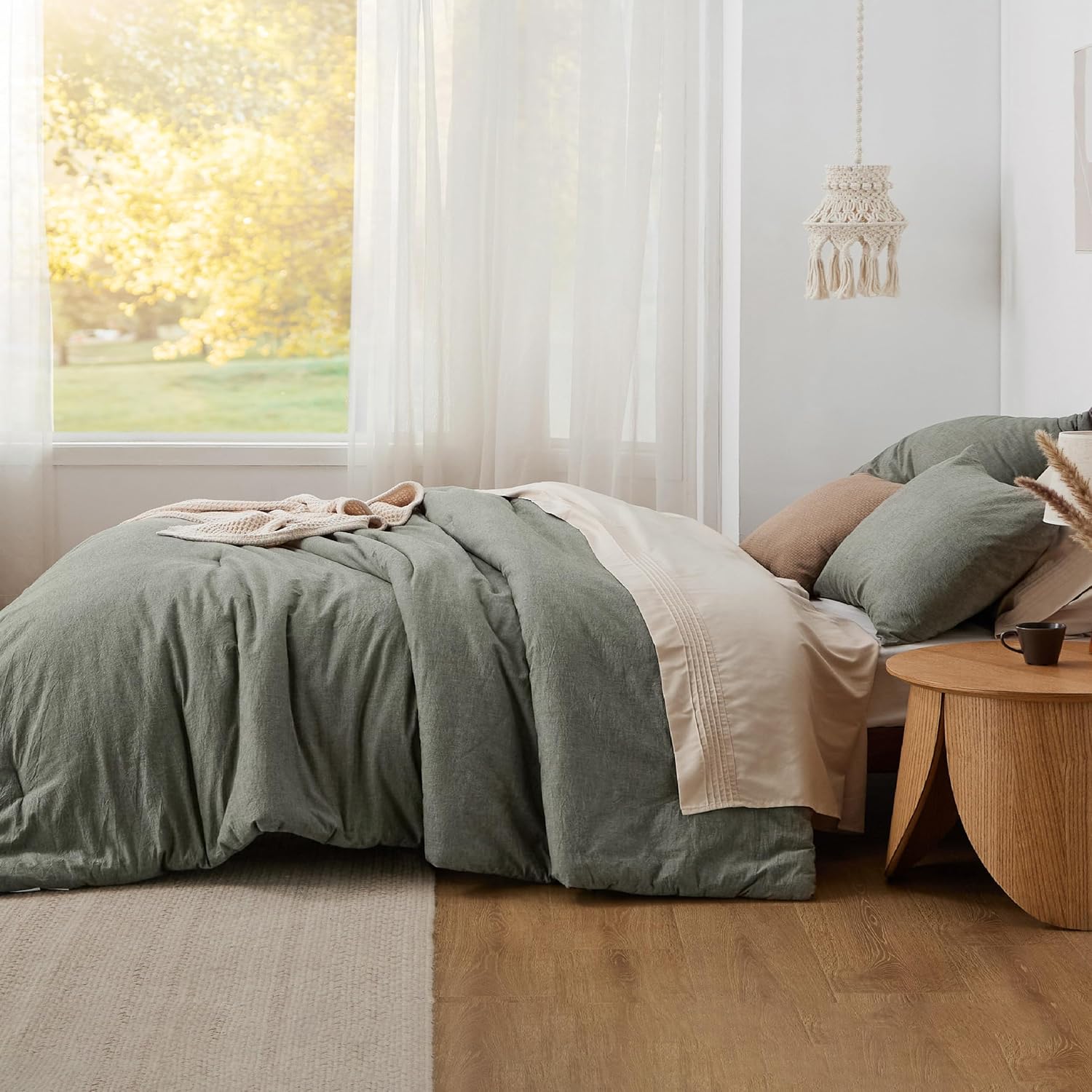 Bedsure Juego de edredón Queen  Tela de algodón con relleno interior de microfibra, edredón verde oliva grisáceo tamaño Queen para todas las