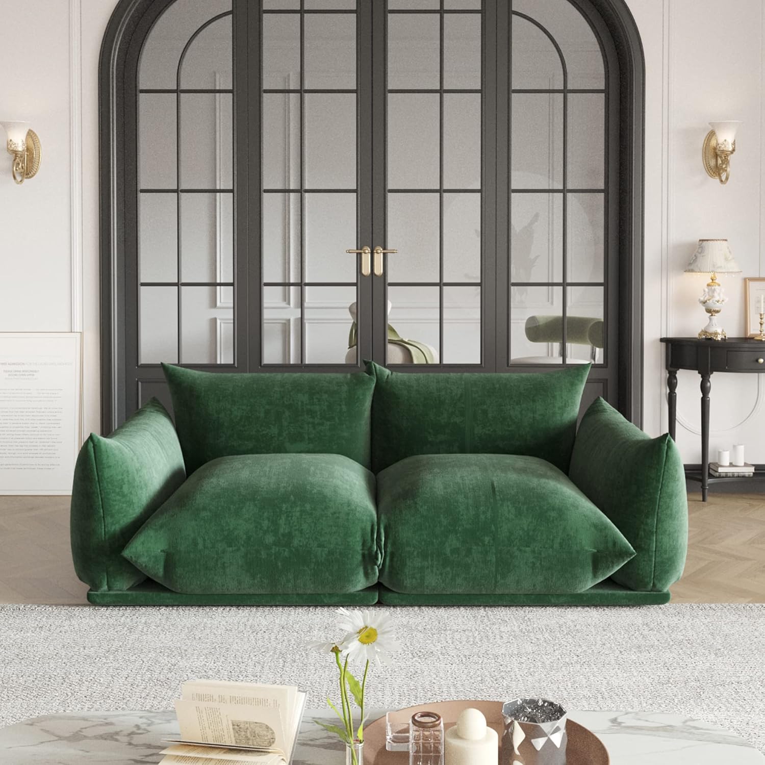 Sofá biplaza moderno de chenilla, sofá tapizado de felpilla de mediados de siglo para sala de estar, apartamento oficina (77.16 pulgadas, verde)