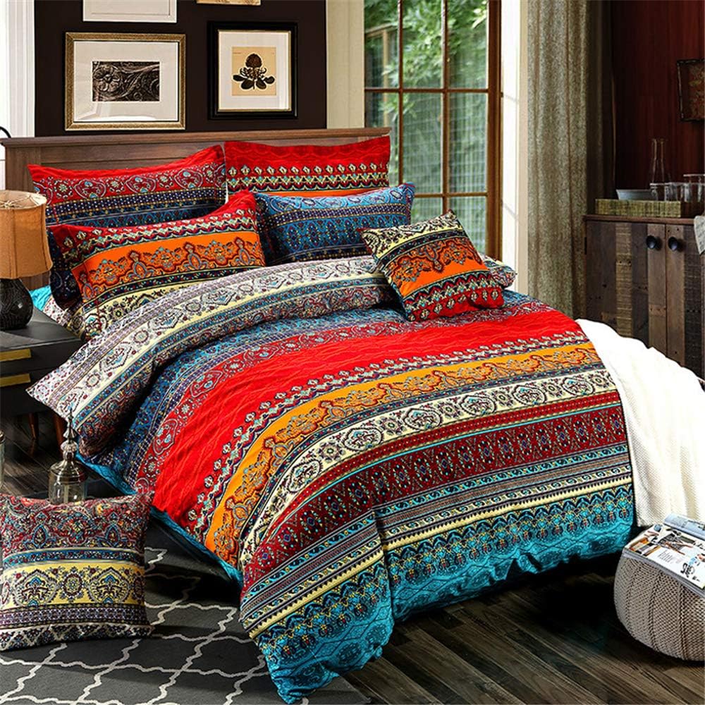 ABREEZE Juego de ropa de cama de 3 piezas, estilo bohemio, retro, étnico, vintage, floral, ropa de cama bohemia, 100% algodón cepillado, damasco,
