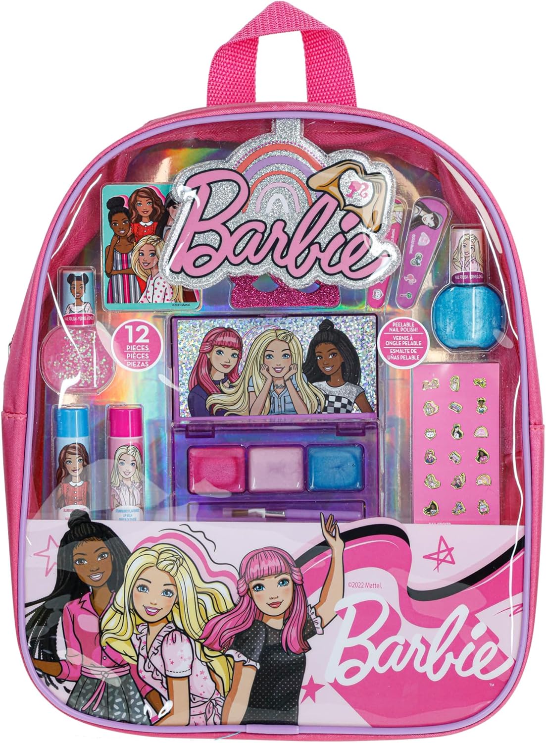 Barbie – Juego de mochila rellena de maquillaje Townley Girl con 12 piezas, incluye bálsamo labial, esmalte de uñas, lima de uñas, lazos para el