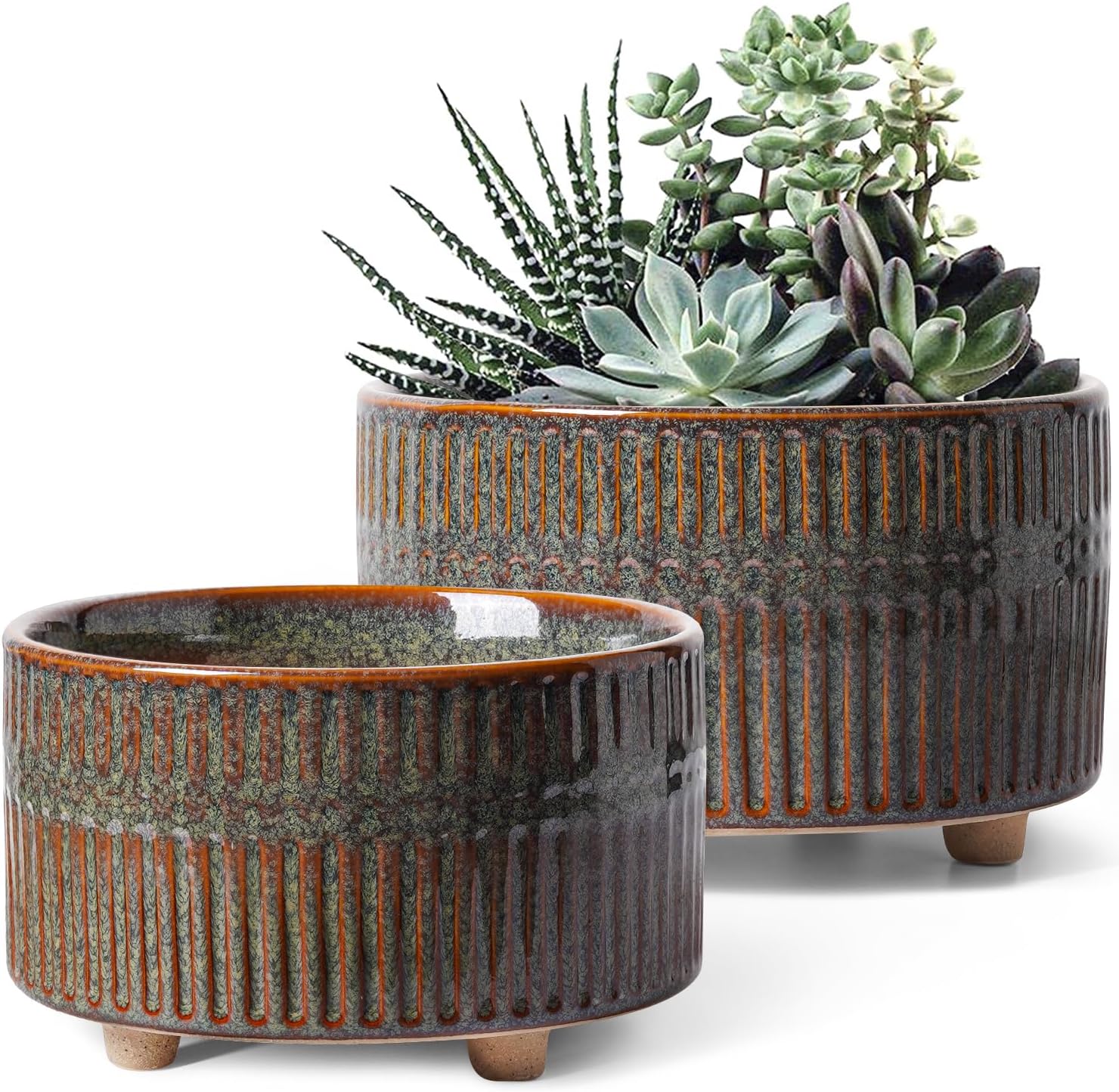 LE TAUCI Macetas para suculentas, maceta de cerámica de interior de 6.5 + 8 pulgadas con orificio de drenaje, moderna maceta decorativa redonda,