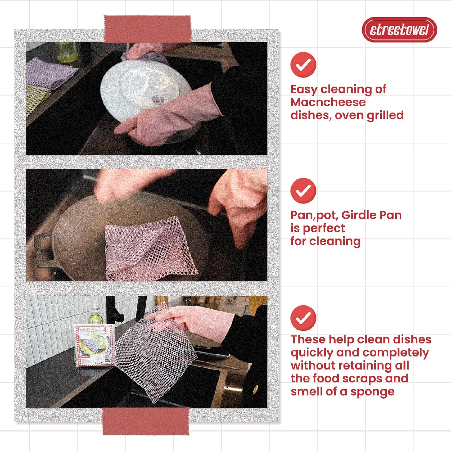 Limpiador de platos resistente (4 piezas) almohadillas de tela antiarañazos y limpiadores de ollas con red  Reemplazar esponjas de cocina para lavar