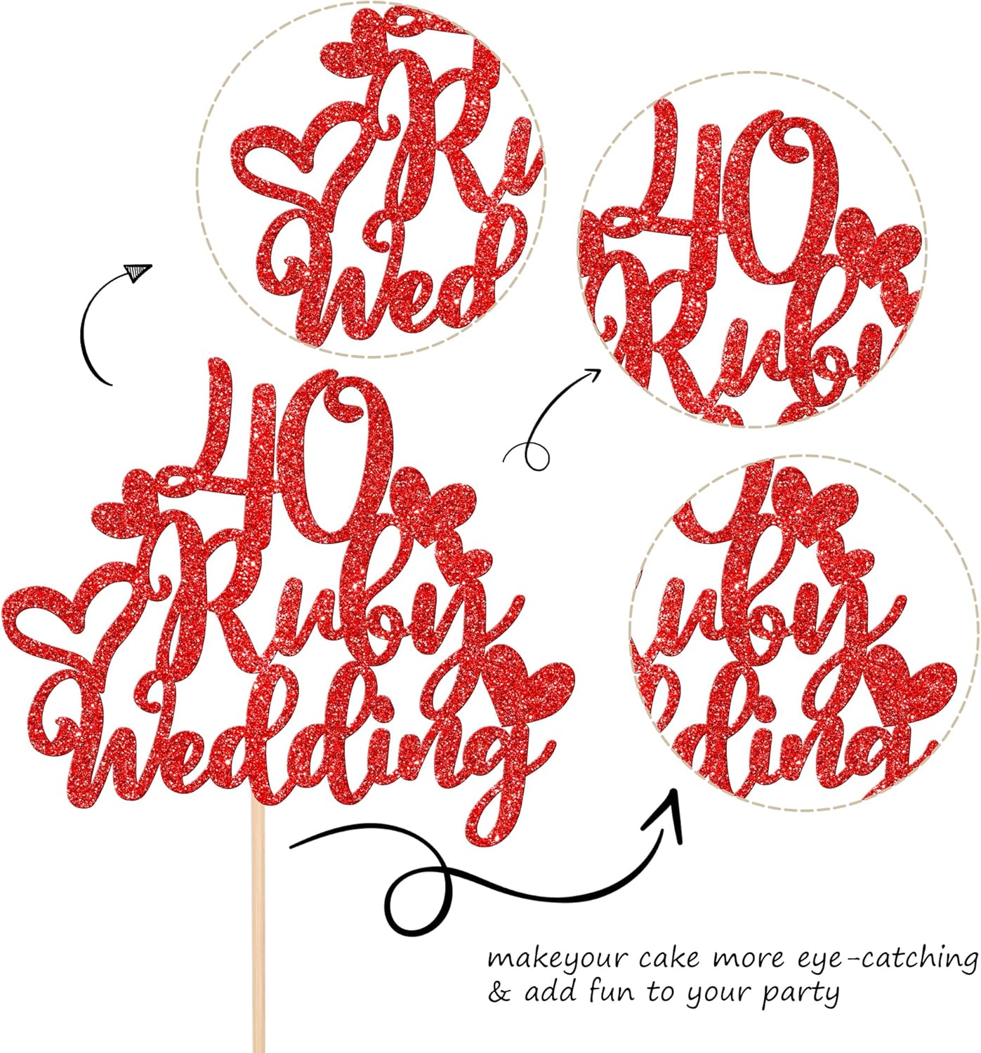 1 pieza de decoración de pastel de boda de 40 rubíes con corazón rojo con purpurina roja para 40 aniversario de boda, decoración de pastel de