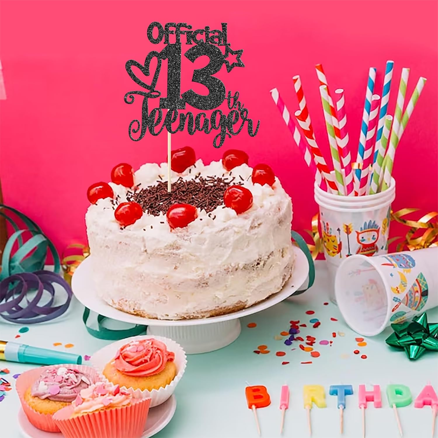 Rsstarxi 1 paquete de 13 decoraciones oficiales para tartas de adolescentes con purpurina negra para decoración de pastel de cumpleaños de 13 años,