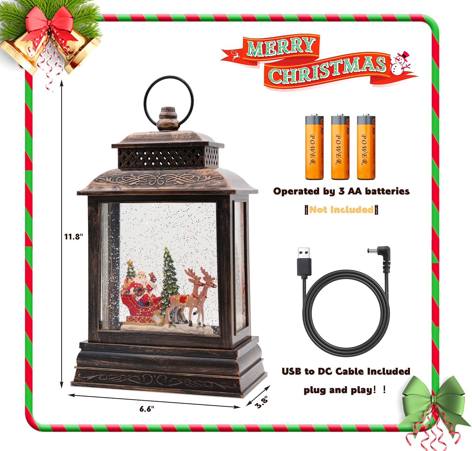 Linterna de globos de nieve de Navidad, luz de agua intermitente giratoria musical con temporizador de 6 horas, decoración y regalo de Navidad