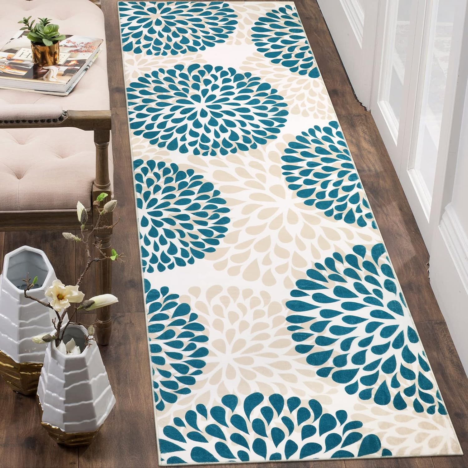 Alfombra de pasillo lavable de 2.5 x 8 pulgadas, moderna alfombra floral para pasillo, suave, antideslizante, de pelo bajo, alfombra de cocina