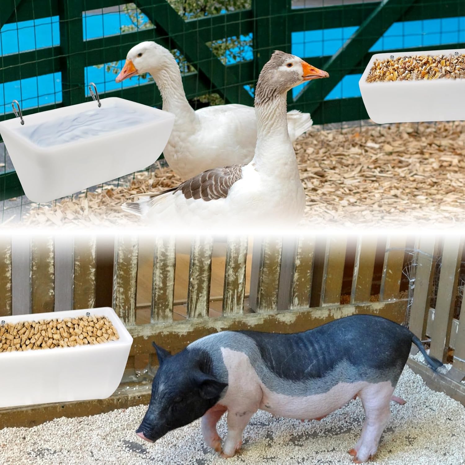 Paquete de 2 comederos de pollo con clips, alimentador de valla colgante para cabra, pollo, pato, ganso, ciervo, oveja, lechones, bebedero, cubeta