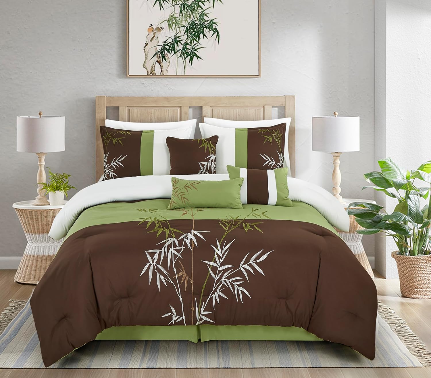Chezmoi Collection Bengal – Juego de edredón bordado de bambú de 7 piezas, tamaño California King, ropa de cama de microfibra de hierba de bambú