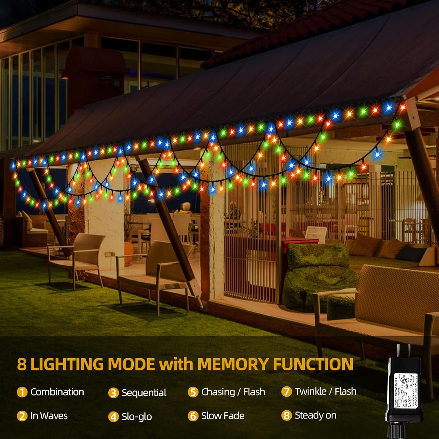 KAZOKU Luces de Navidad para interiores y exteriores, 40 pies, 380 LED, impermeables, 8 modos, extensibles, semicírculo, luces para Navidad, hogar,