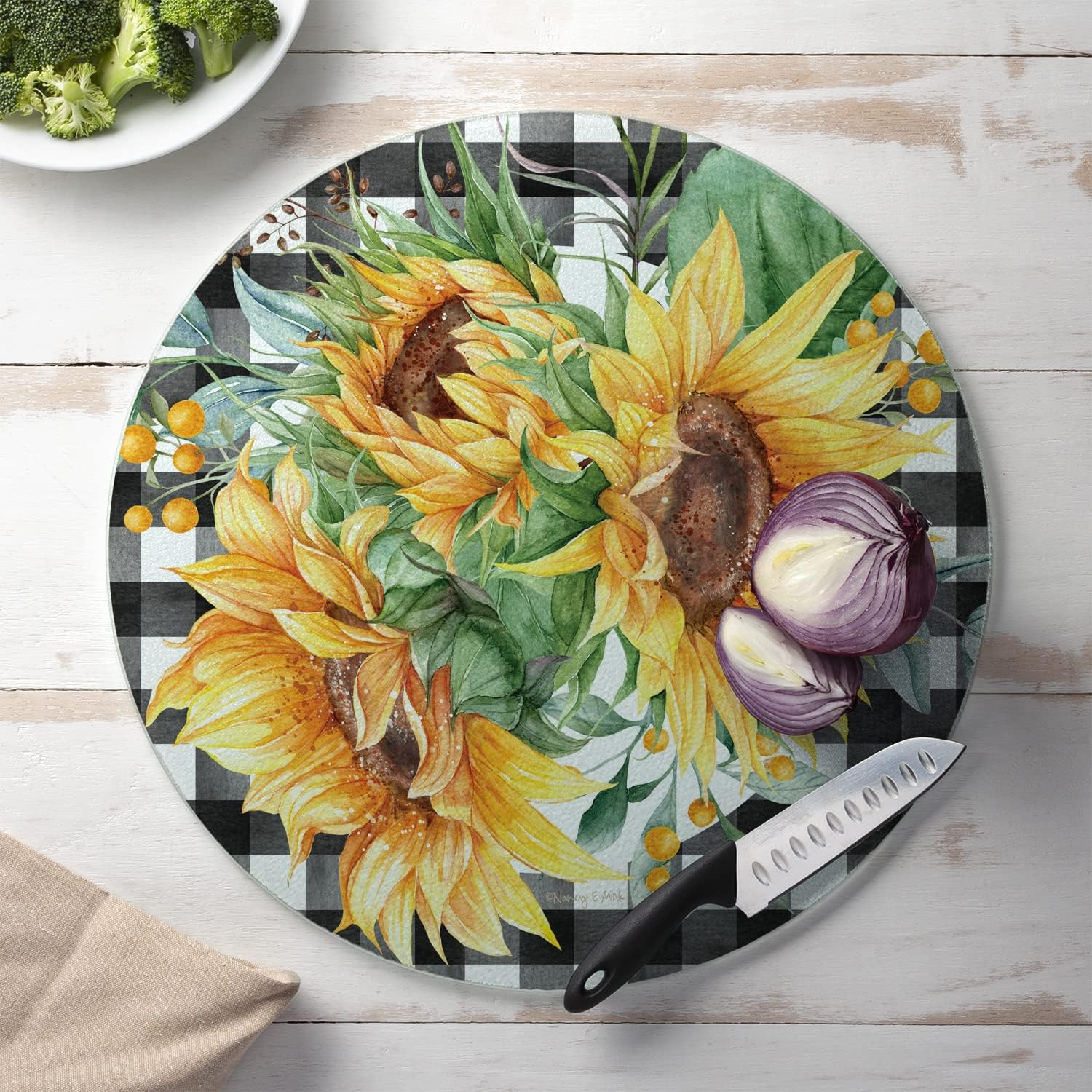 CounterArt Sunflower Fields – Tabla de cortar redonda de vidrio templado tolerante al calor de 0.157 in, redonda de 16 pulgadas, fabricada en los