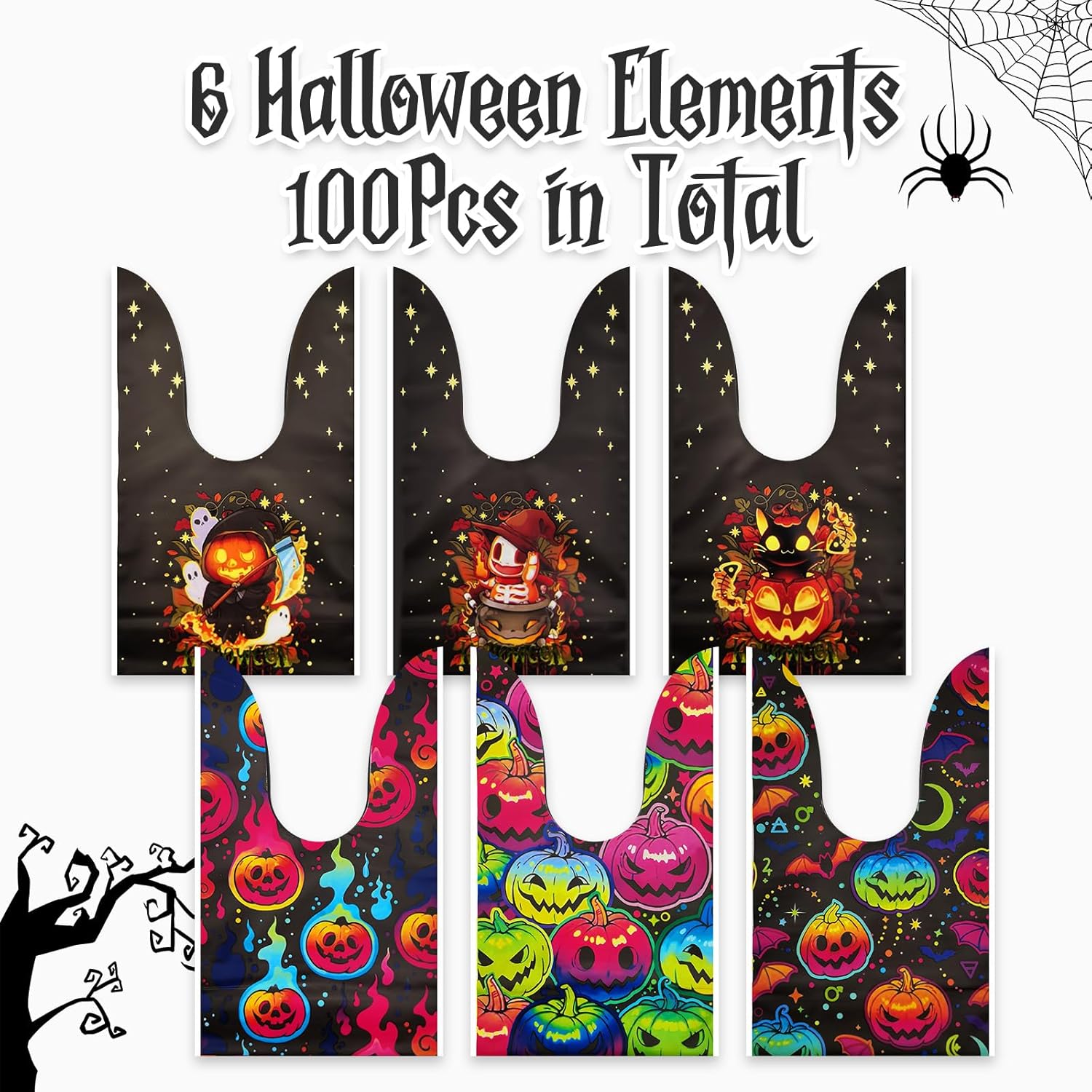 Bolsas de golosinas de Halloween, 100 unidades, pequeñas bolsas de golosinas de Halloween para niños, bolsas de dulces a granel, bolsas de plástico