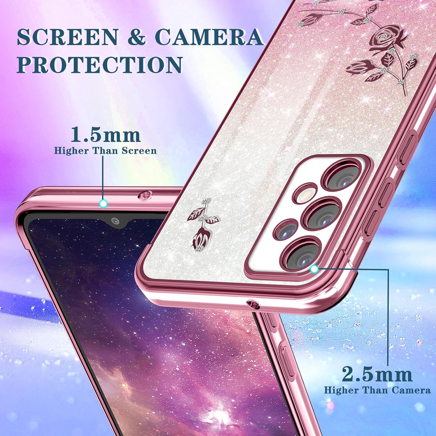 Coralogo Funda 3 en 1 para teléfono Samsung Galaxy A53 5G con purpurina brillante para mujeres y niñas, cubierta brillante con bonito diseño floral