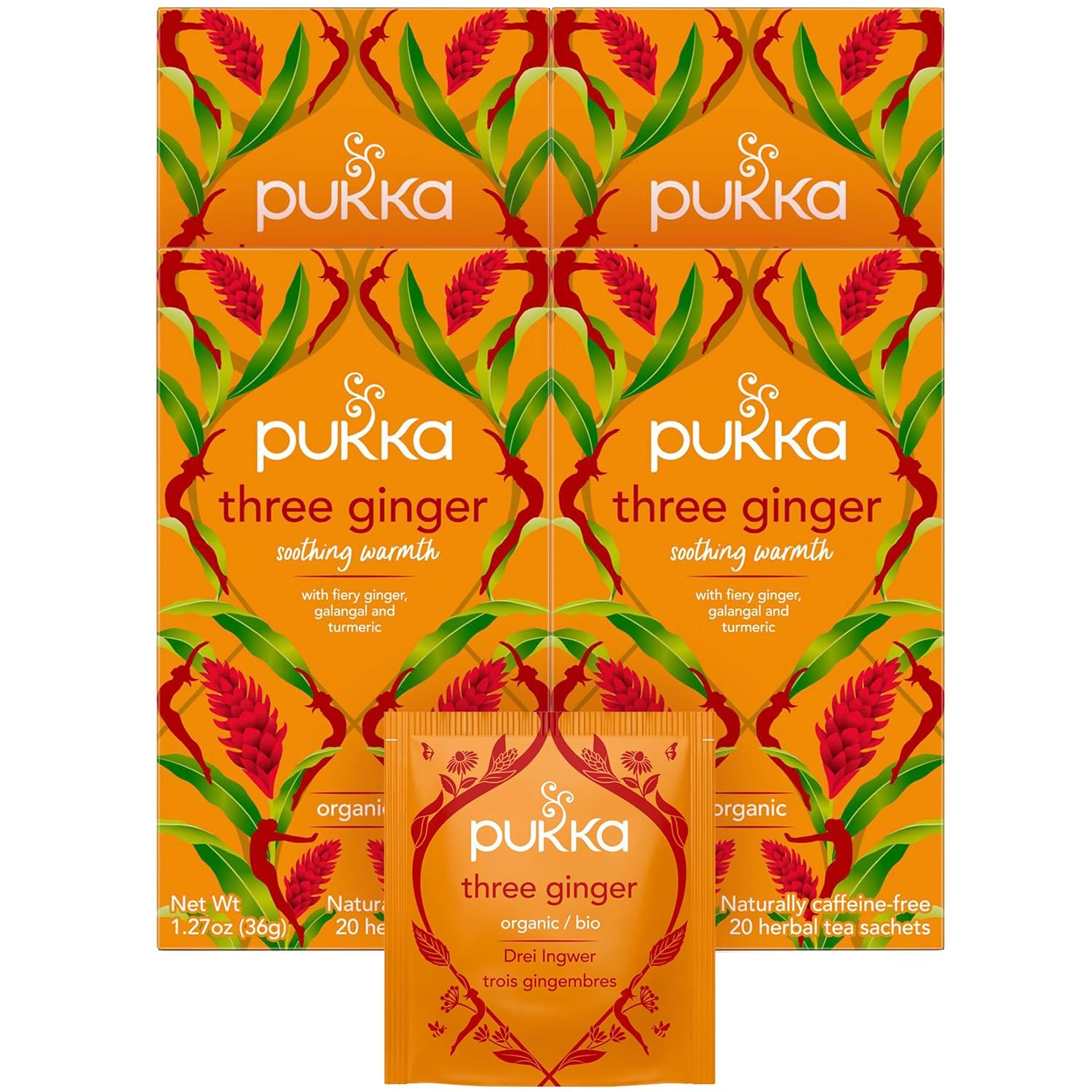 Pukka – Té de hierbas orgánico de tres jengibre, sin cafeína, Kosher, certificado orgánico USDA, 20 unidades (paquete de 4)