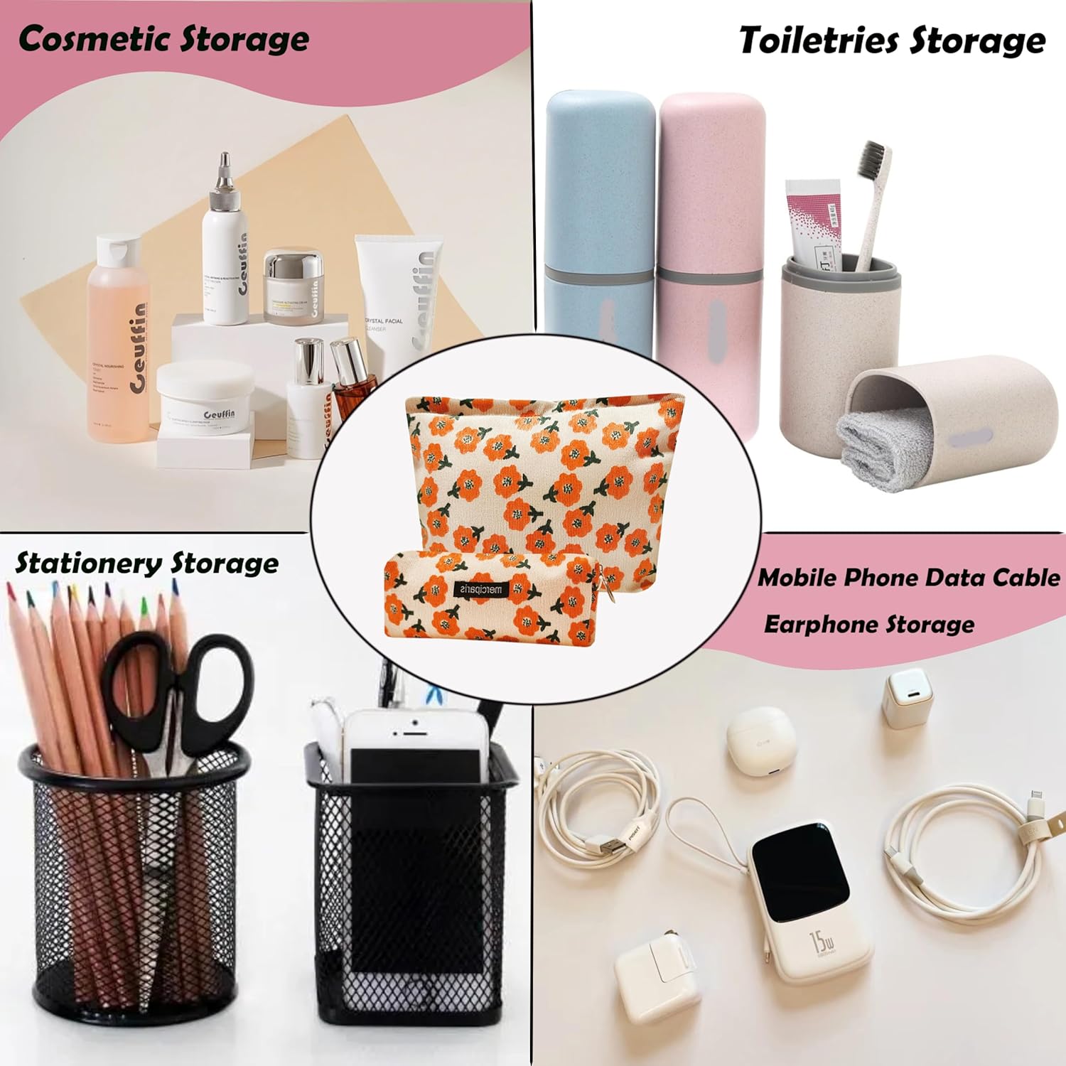 KSMMA Bolsa de maquillaje para mujer, bolsa de cosméticos de pana y bolsa para lápices, juego de 2 piezas, organizador de cosméticos de moda, bolsa