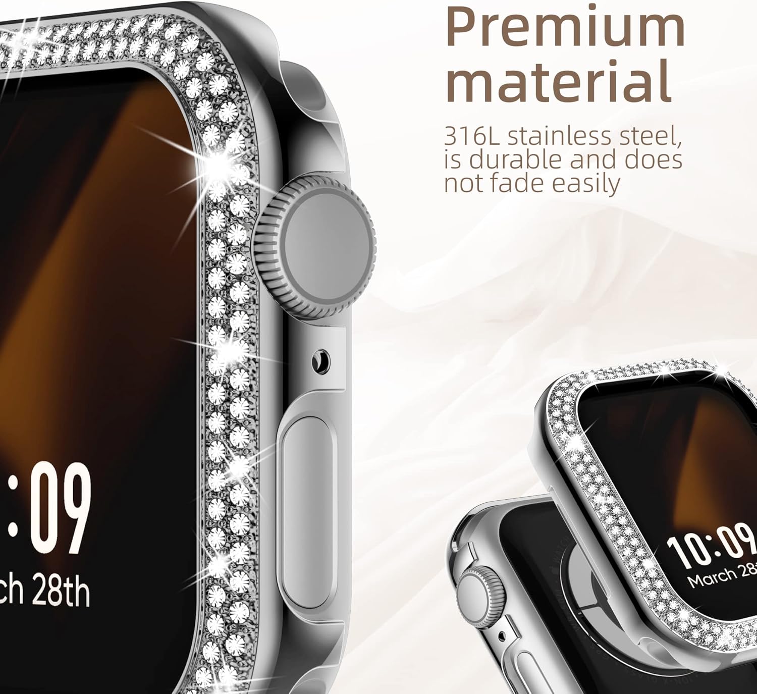 Missair Bling Funda compatible con Apple Watch Series 6, 5, 4 SE, con purpurina de doble hilera, marco de diamantes de cristal de acero inoxidable,