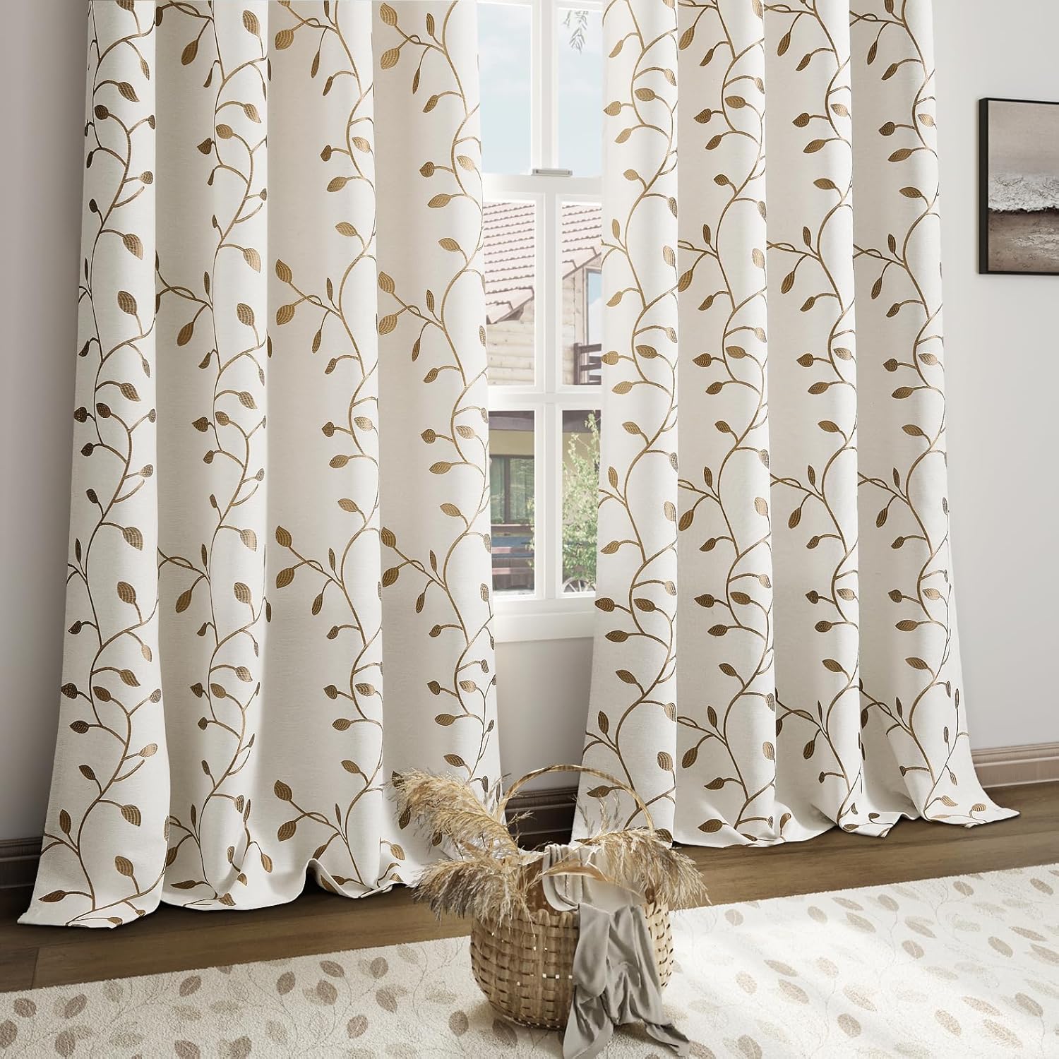 Cortinas bordadas de color blanco crema con patrón marrón de 96 pulgadas de largo para sala de estar, 2 paneles con ojales, filtrado de luz,