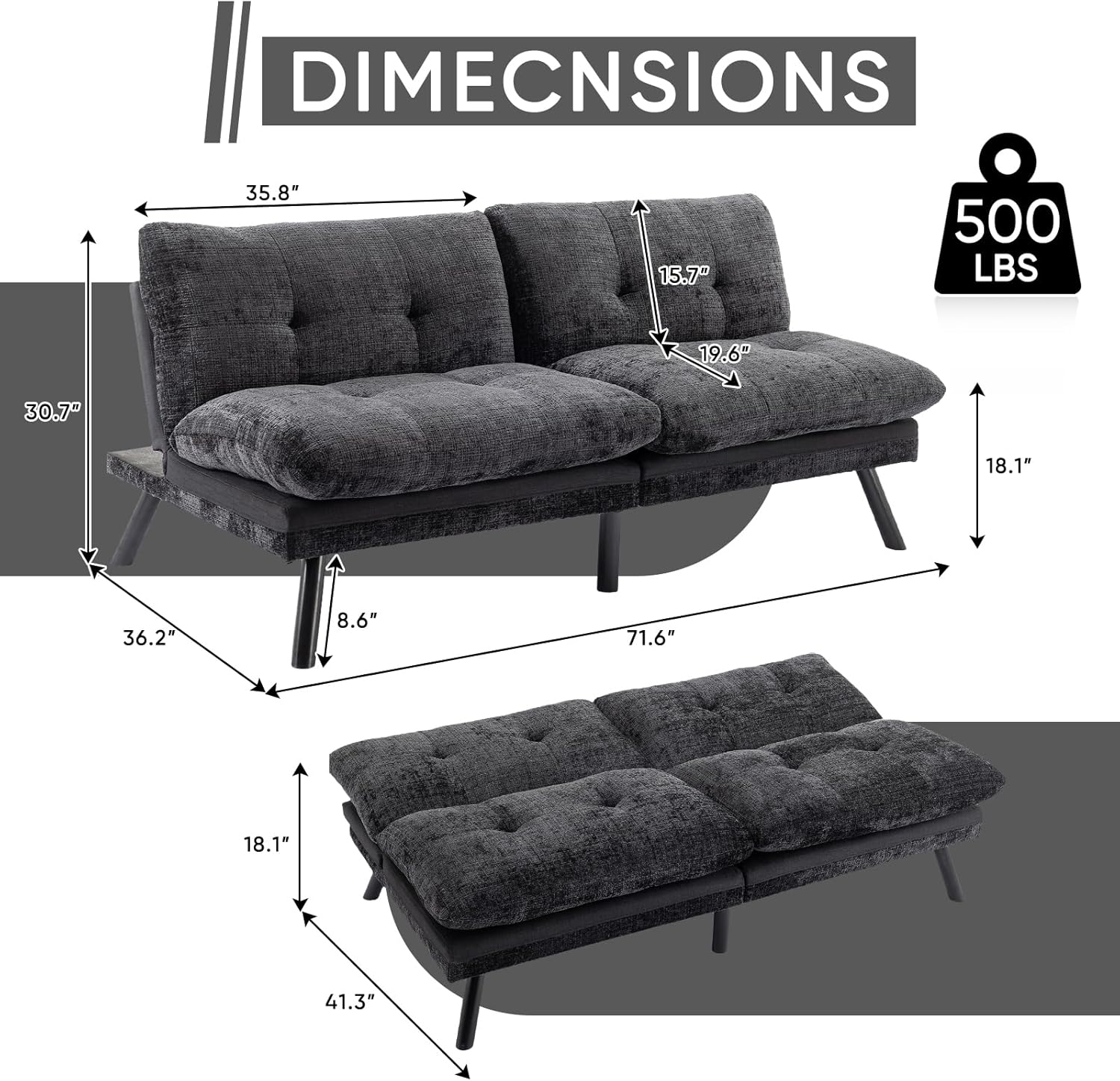 Sofá cama futón, sofá cama convertible de espuma viscoelástica, sofá biplaza pequeño con respaldo dividido para sala de estar, moderno asiento de