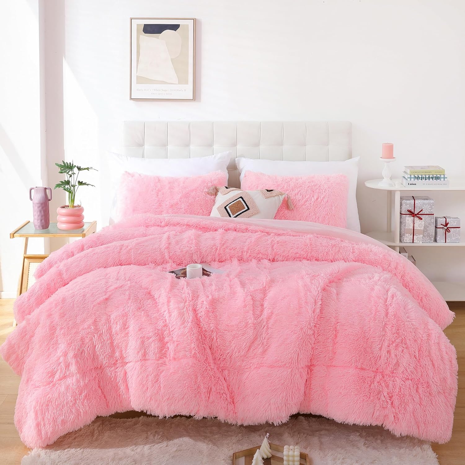 Smoofy Juego de edredón de pelo sintético de color rosa, tamaño matrimonial, 3 piezas, juego de edredón de felpa mullida y mullida, bonito juego de