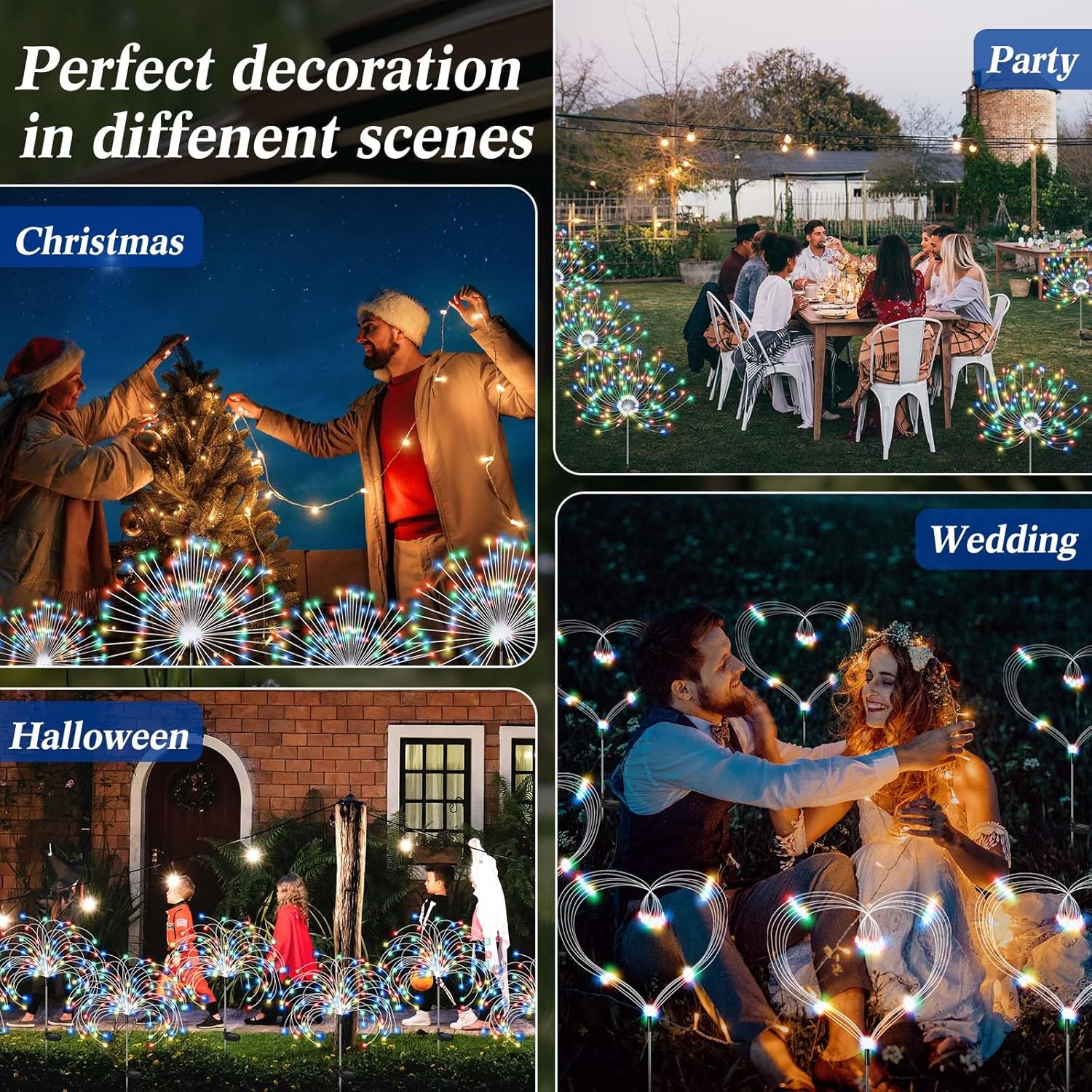 15 luces LED de fuegos artificiales impermeables, luces solares figurables, 90 LED, 120 LED, 150 luces LED para patio trasero, decoraciones al aire