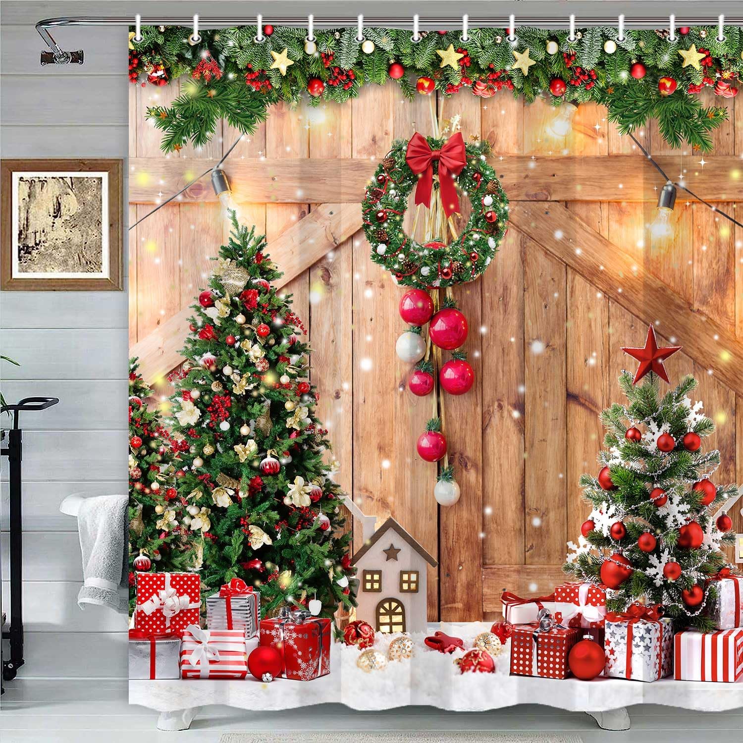 Hjokiupt Cortina de ducha de Navidad de granja, regalo de árbol de Navidad de invierno, decoración del hogar, puerta de granero de madera, cortinas