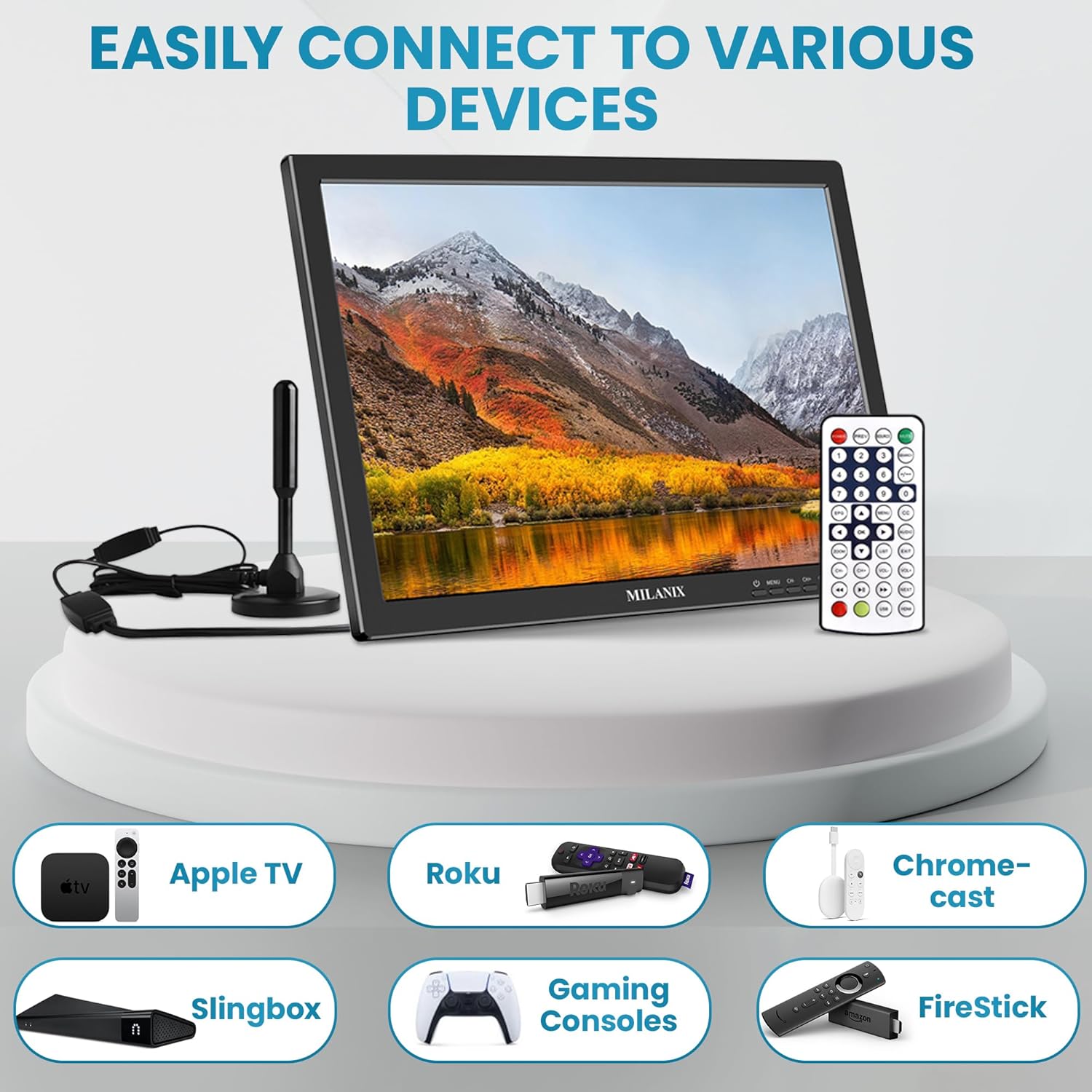 Monitor portátil de TV LCD de 19 pulgadas 1080P recargable con HDMI integrado, USB, soporte, entrada AV, sintonizador digital, antena, CACC y