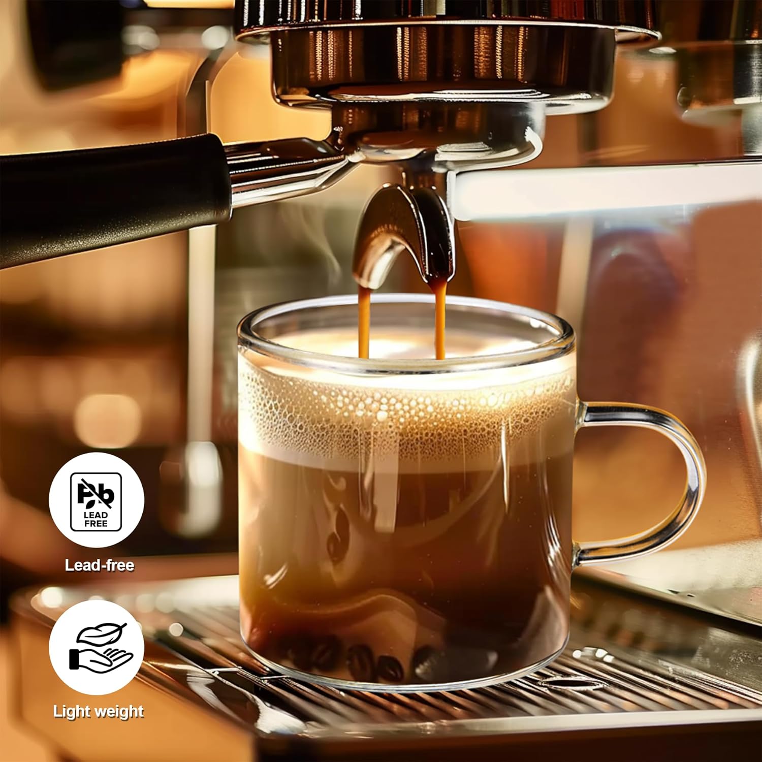 Paquete de 6 tazas de café espresso de 4 onzas con asa, tazas de café pequeñas de vidrio, tazas de café de expreso, tazas demitasse para café con