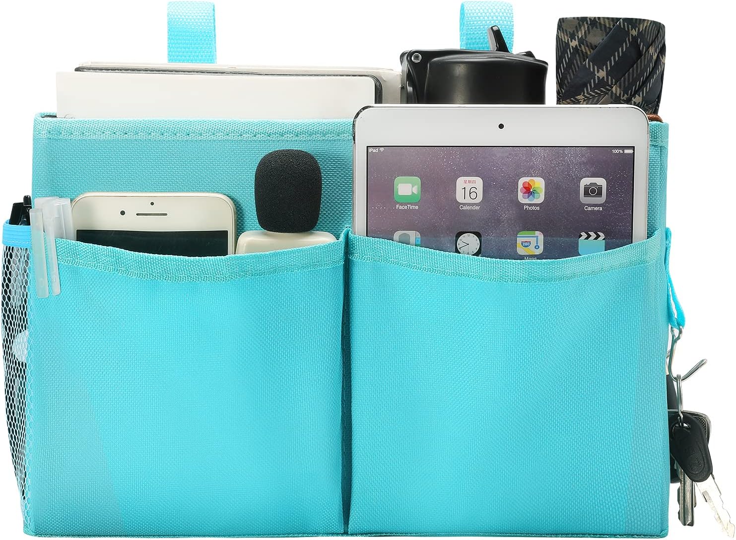 Organizador de litera, organizador de cama colgante para mesita de noche, bolsa de almacenamiento con 4 bolsillos y 2 ganchos, para dormitorios