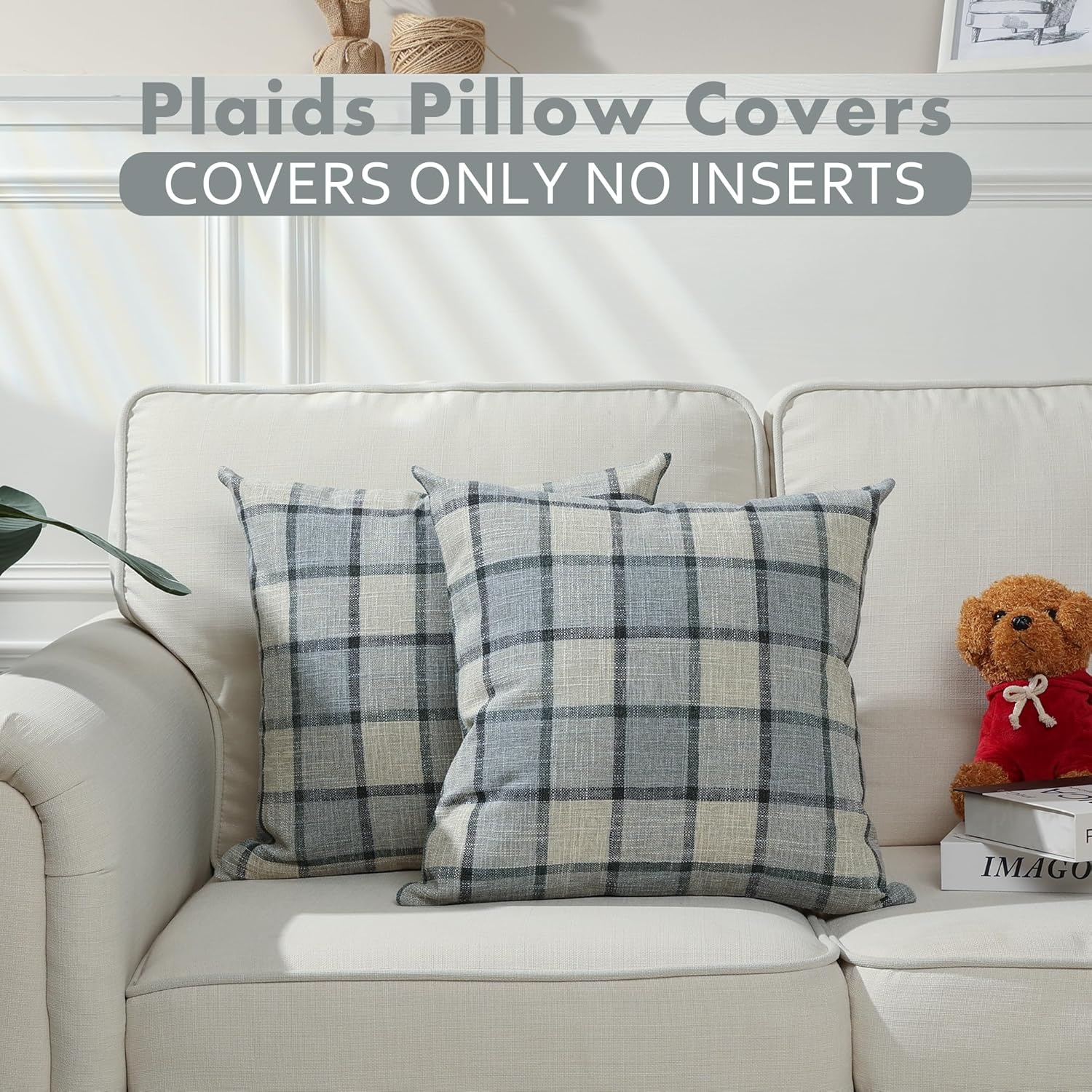 Stellhome Paquete de 2 fundas de almohada de lino a cuadros de búfalo, fundas de cojín decorativas para sofá, sala de estar, 18 x 18 pulgadas, gris