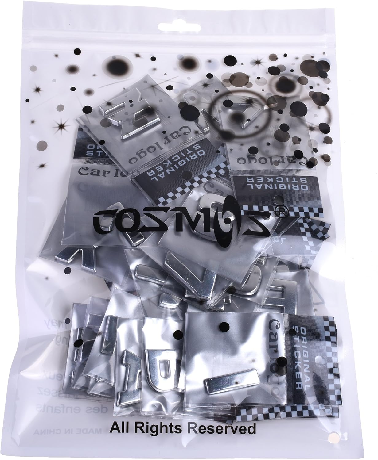 Cosmos 40 calcomanías de plástico en tono plateado con letras de coche, emblema 3D, calcomanía para insignia, calcomanía