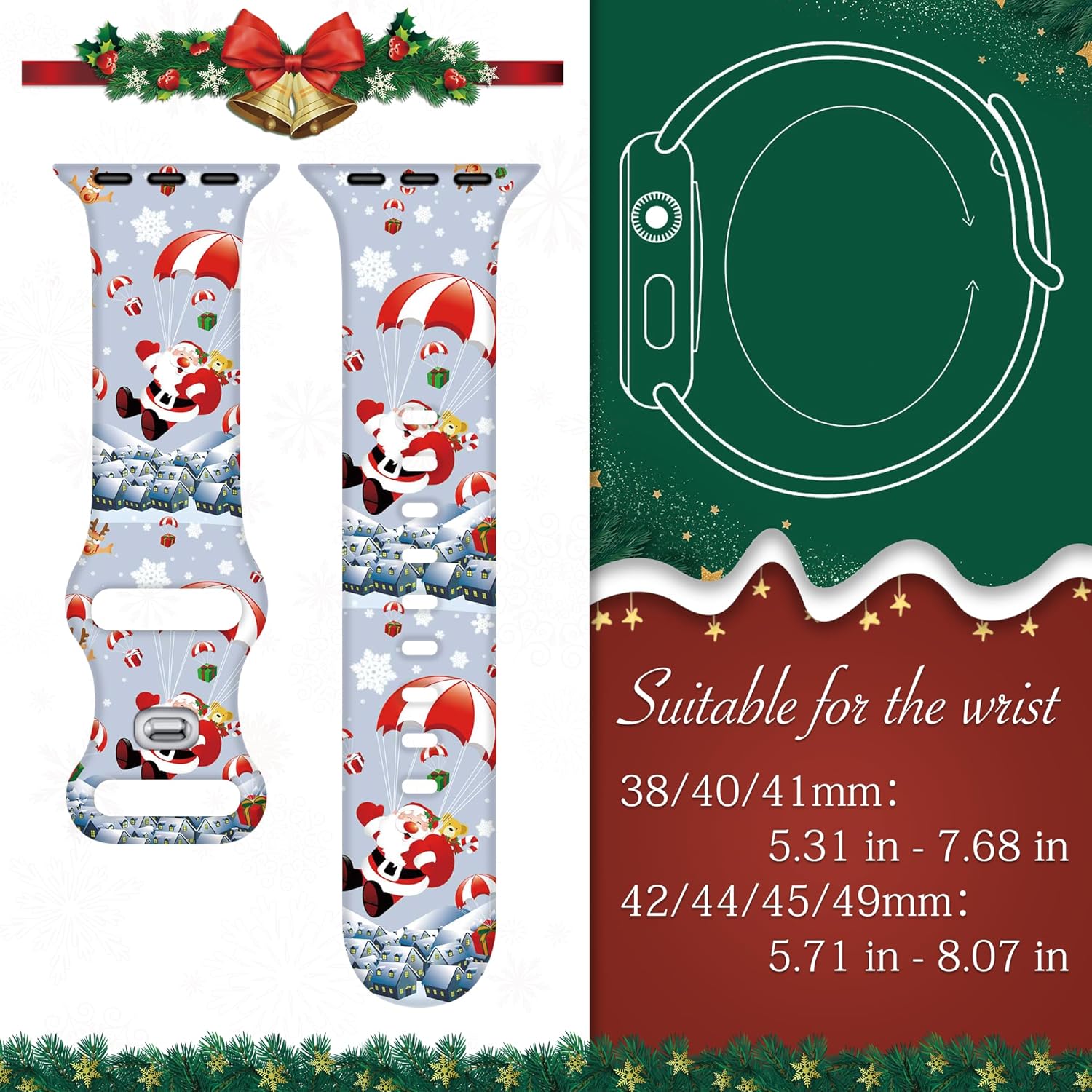Paquete de 2 correas de Navidad de Halloween compatibles con Apple Watch de 1.614 pulgadas, 1.575 pulgadas, 1.496 pulgadas, correa de silicona de