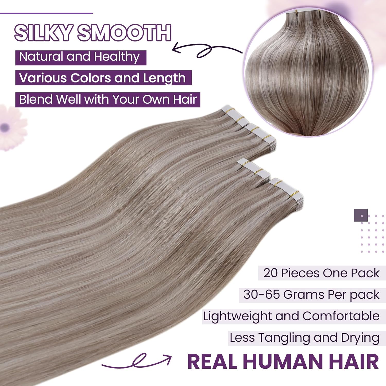 LaaVoo Extensiones de cabello humano con cinta adhesiva invisible de doble cara, 20 unidades, 1.06 oz, 12 pulgadas, color rubio platino, sin