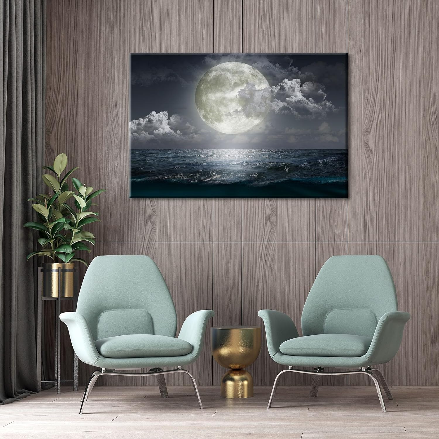 BANHUA1 Lienzo decorativo para pared, diseño de luna llena de mar, impresiones sobre lienzo con diseño de luna y océano, arte de pared, arte
