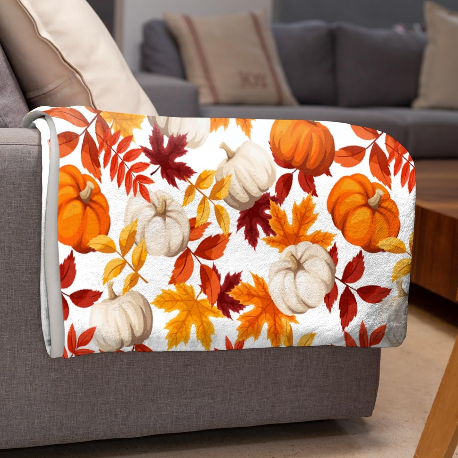Manta de otoño  Manta de otoño con hojas de arce y calabaza, regalo de decoración de otoño de Acción de Gracias, ultra afelpada, acogedora, ligera,