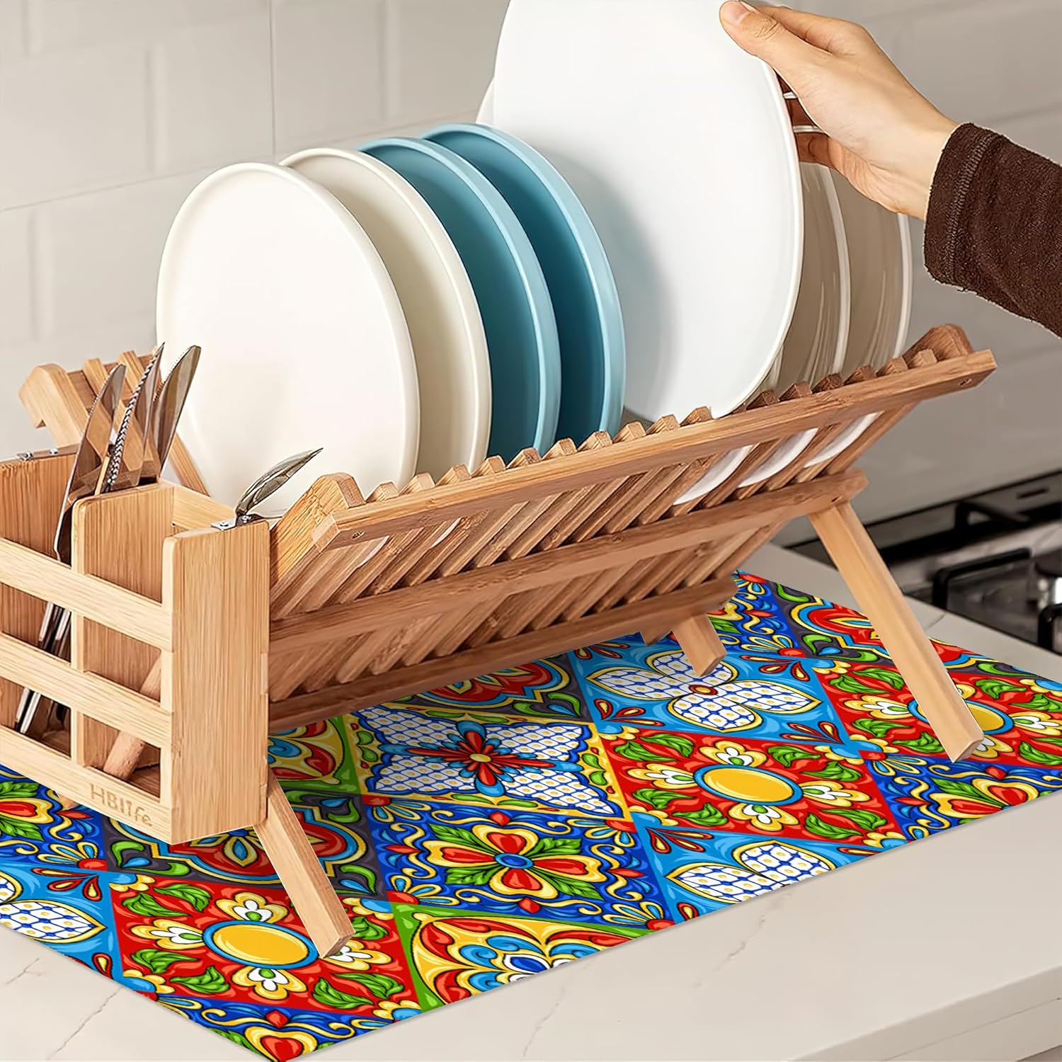 UIUPRO Tapete de secado de platos de azulejos mexicanos, tapete de secado bohemio de estilo bohemio, tapete de microfibra ultra absorbente para