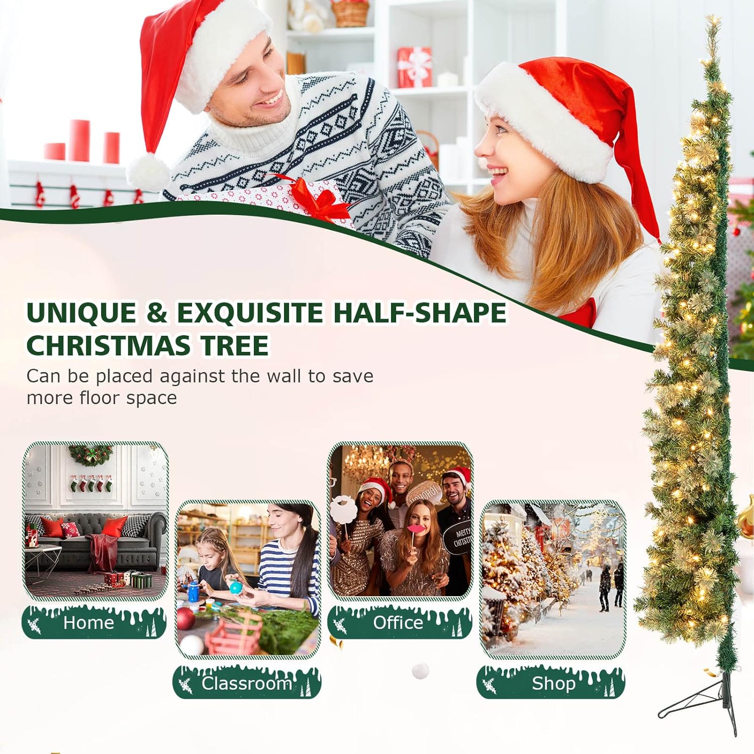 Goplus Árbol de Navidad preiluminado de 7 pies, árbol de Navidad artificial con 150 luces blancas cálidas, 403 puntas de rama, soporte de metal