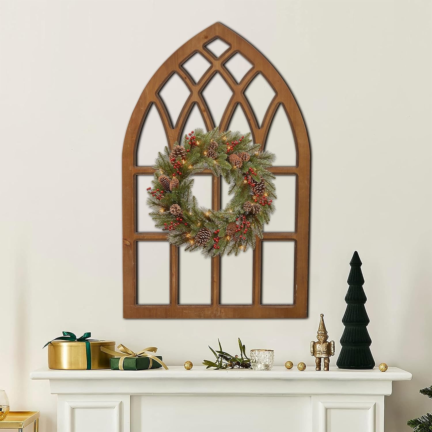 Sintosin Marcos de ventana de granja para decoración de pared de sala de estar de 20 x 32 pulgadas, marco de ventana de madera rústica arqueada
