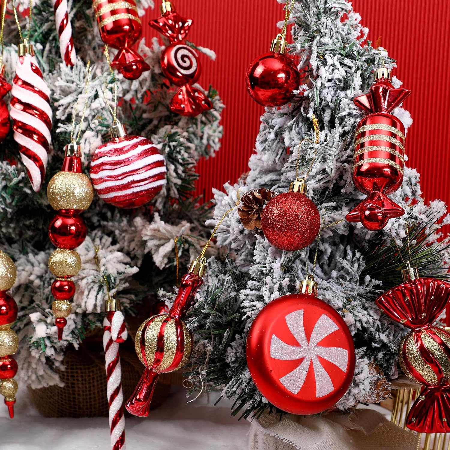 Sumind Juego de 130 adornos rojos y blancos para árbol de Navidad, caramelo de Navidad, adornos de piruleta de caramelo para decoración de árbol de