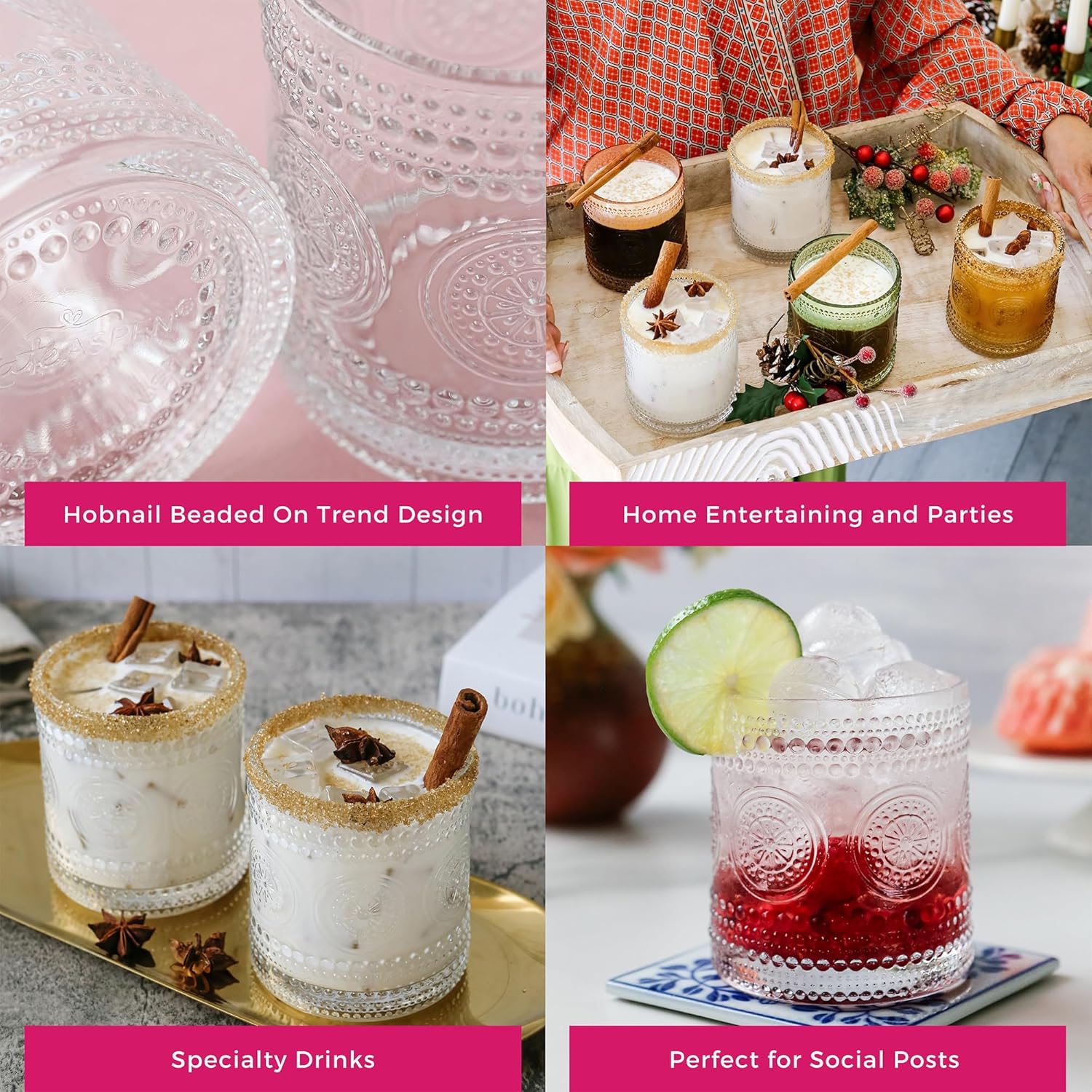 Kate Aspen Hobnail – Juego de 6 vasos transparentes con cuentas florales (10 onzas), juego de cristalería vintage, juego de vasos de cóctel, vasos