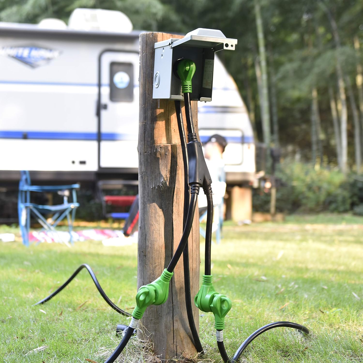 RVGUARD Cable adaptador RV Y con mango 30 Amp TT-30 macho enchufe a dos 30 Amp TT-30 hembra, verde