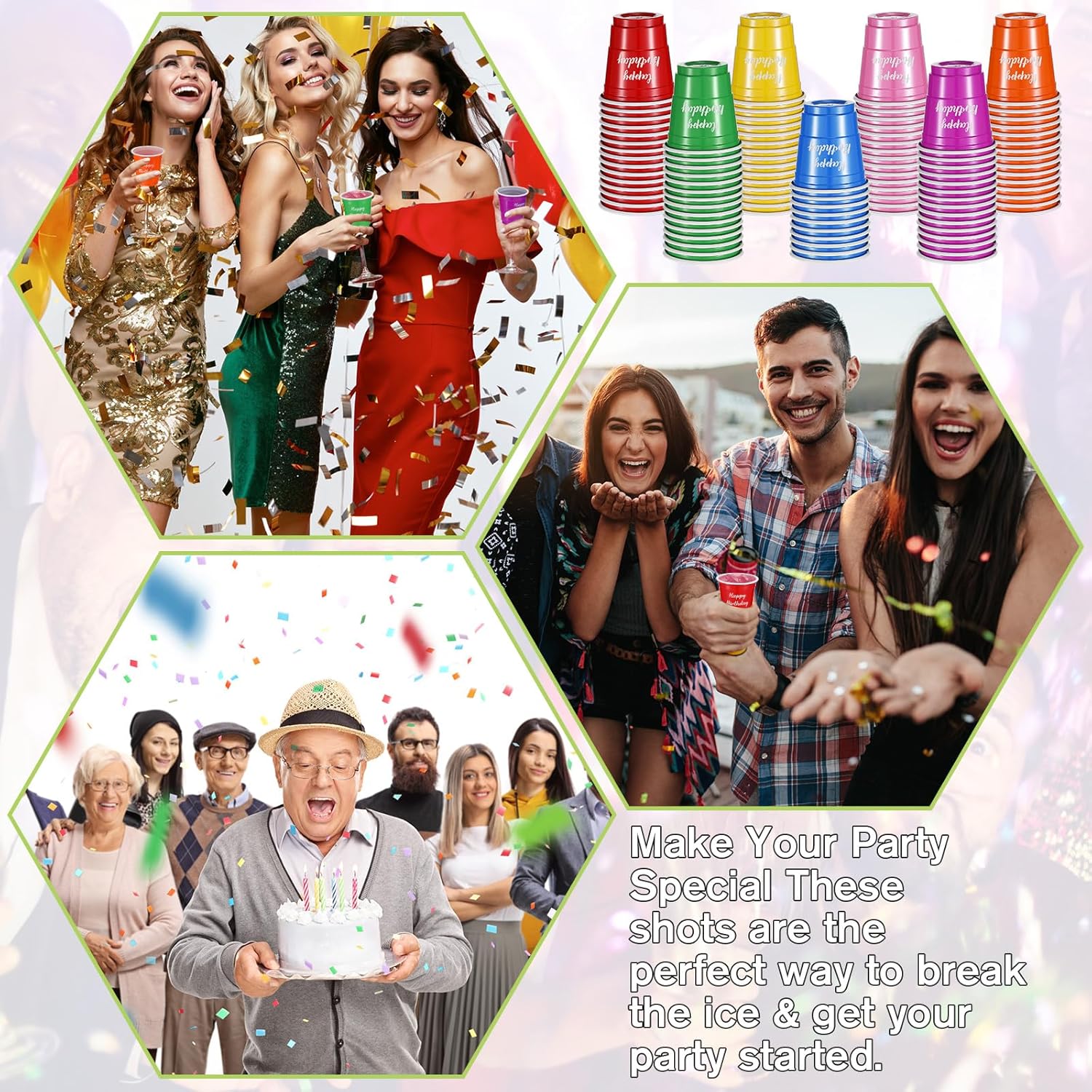 Suttmin 100 vasos de chupito de plástico de 2 onzas, vasos de chupito desechables multicolor, mini vasos para celebrar cumpleaños, tazas de alegría
