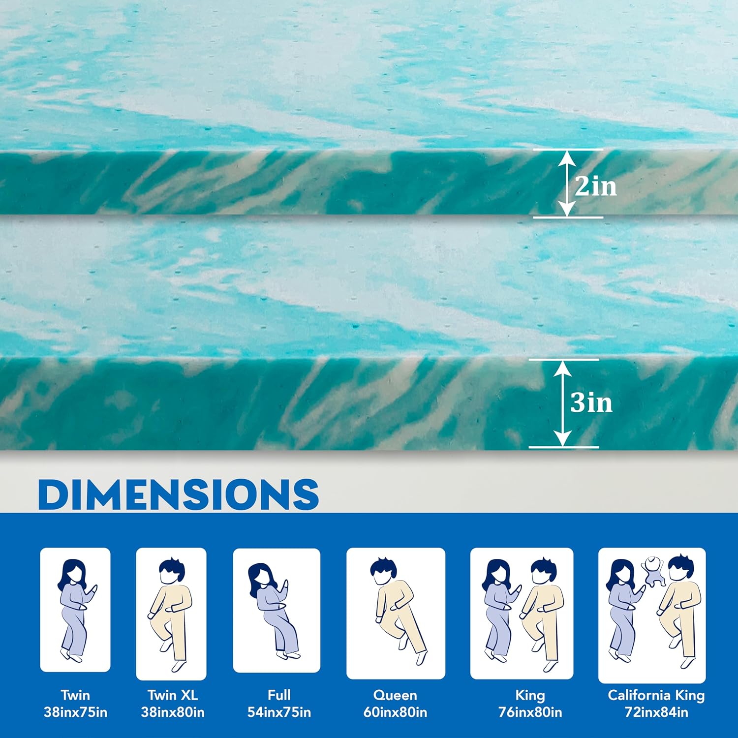 Colchón de espuma viscoelástica individual de 3 pulgadas, infusión de gel, certificado CertiPUR-US, esenciales para el dormitorio, decoración azul