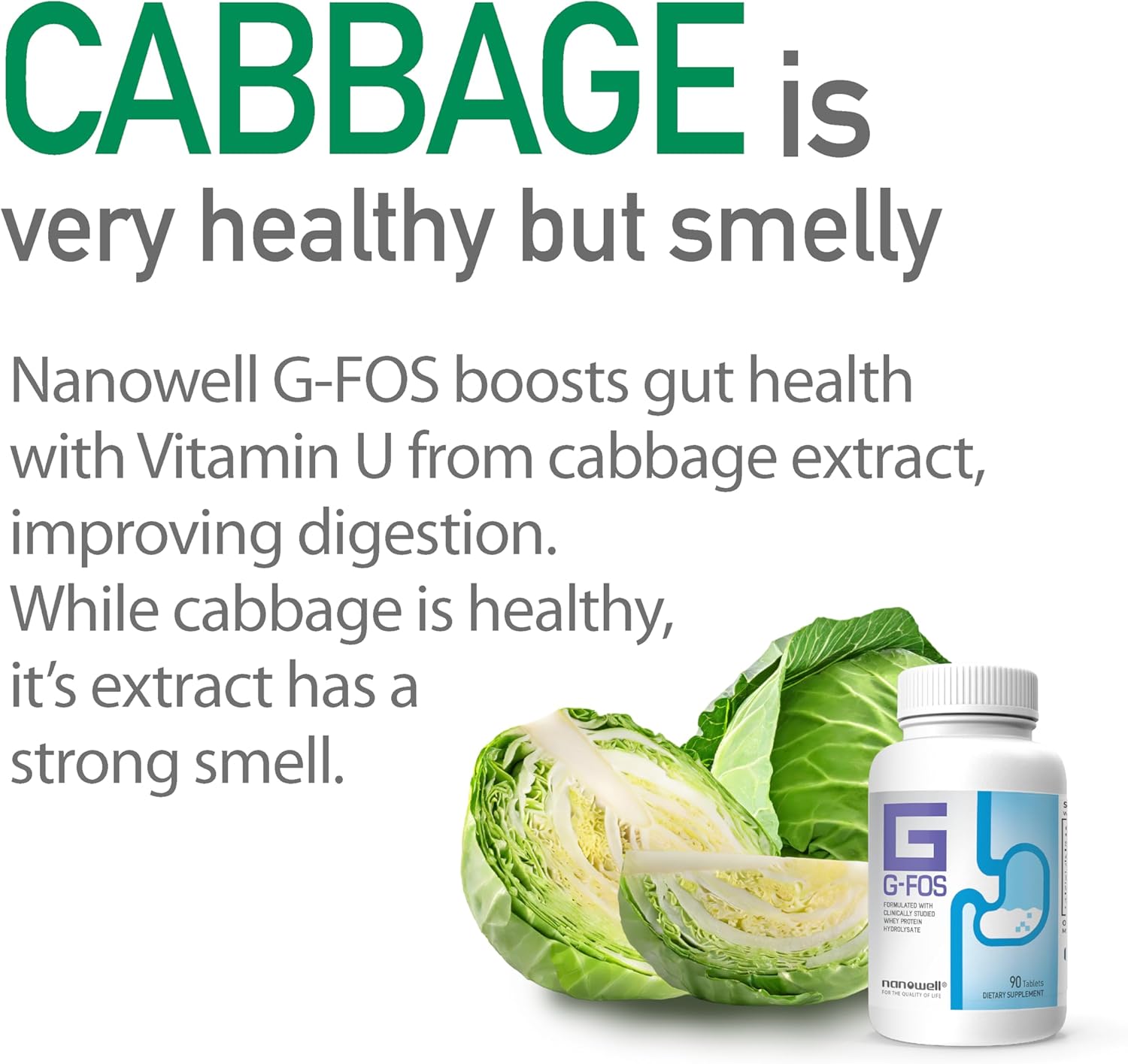 NANOWELL Suplemento de salud digestiva G-FOS, vitamina U, 90 tabletas x 2 botellas durante 2 meses (180 unidades)
