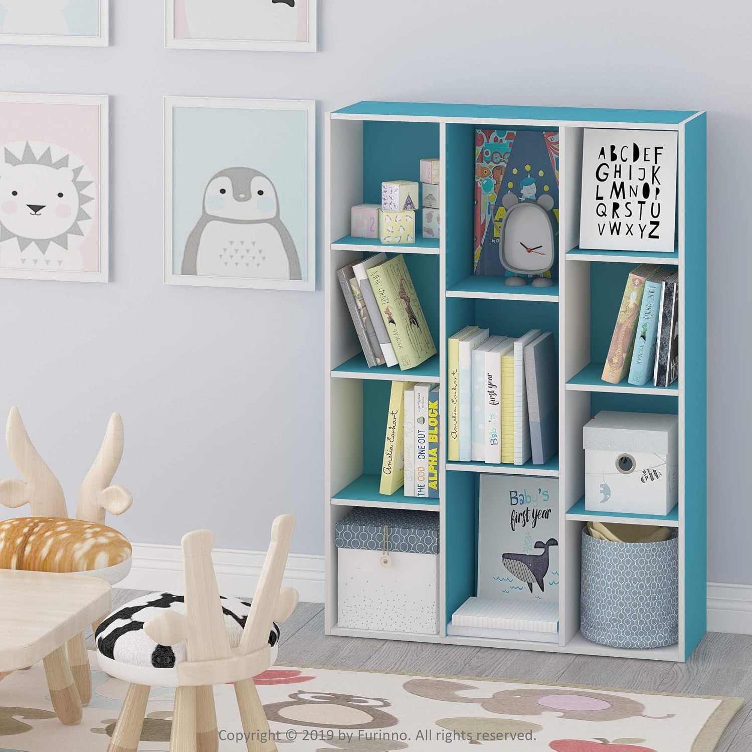 Furinno Luder – Estantería para libros, 11 cubos, color blanco y celeste