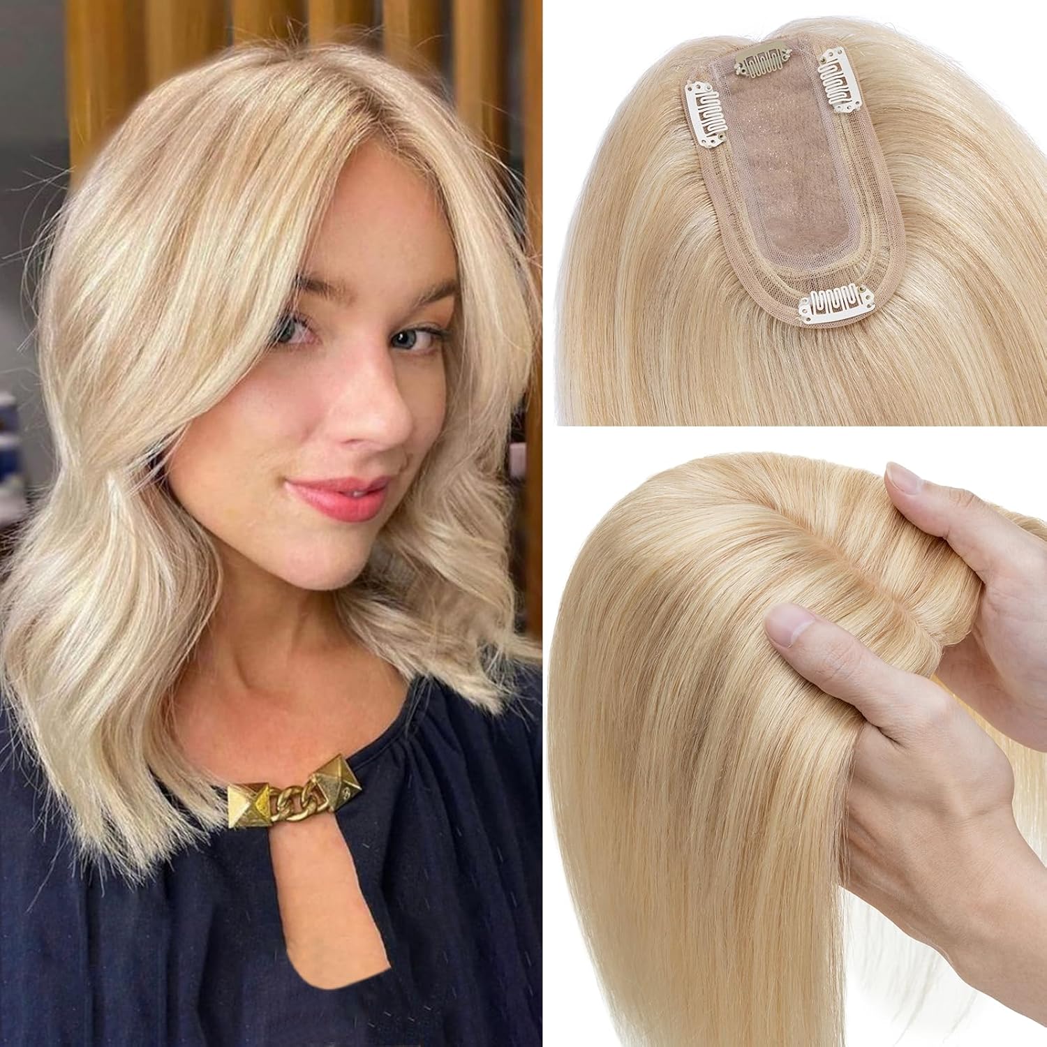 Rich Choices Toppers para el cabello para mujer, 100% cabello humano Remy, parte superior de tupé, base de seda, clip en el cabello sin flequillo,