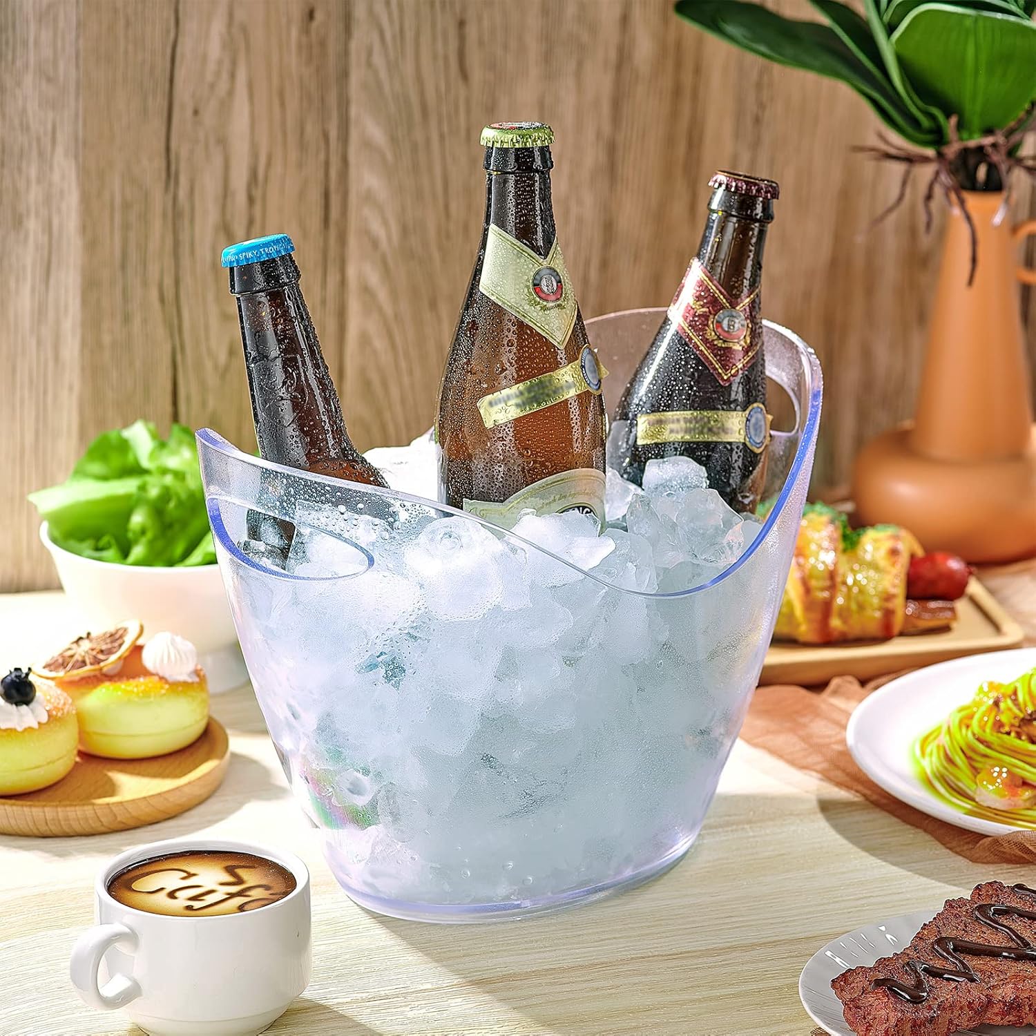 Cubeta de hielo de plástico transparente con cucharas de hielo, tina de hielo de acrílico transparente, cubo de plástico para vino, cubeta de vino