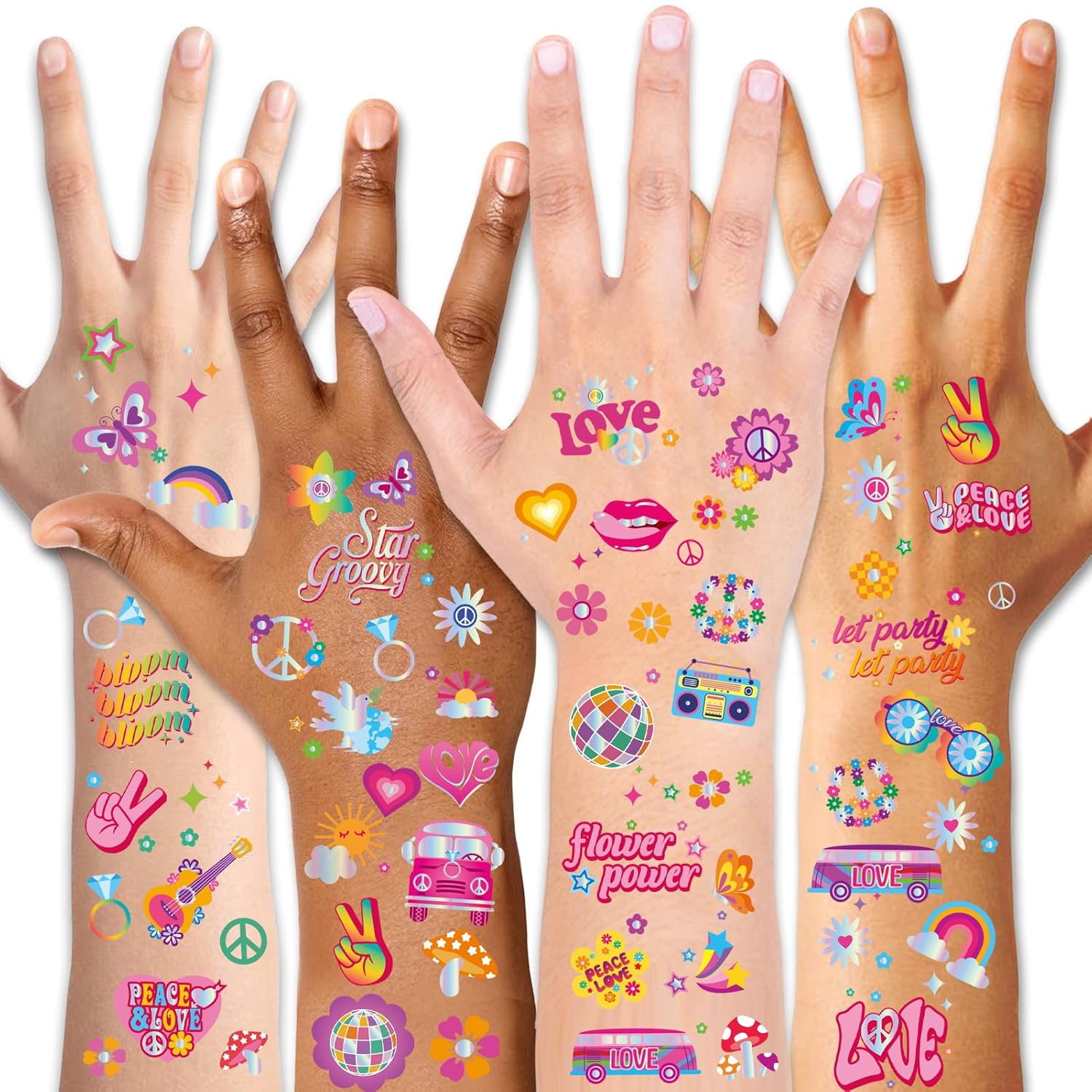 Qpout 86 tatuajes temporales hippie con purpurina para niños, impermeables, brillantes, estilos de plata, flor, poder, amor y paz, tatuajes geniales